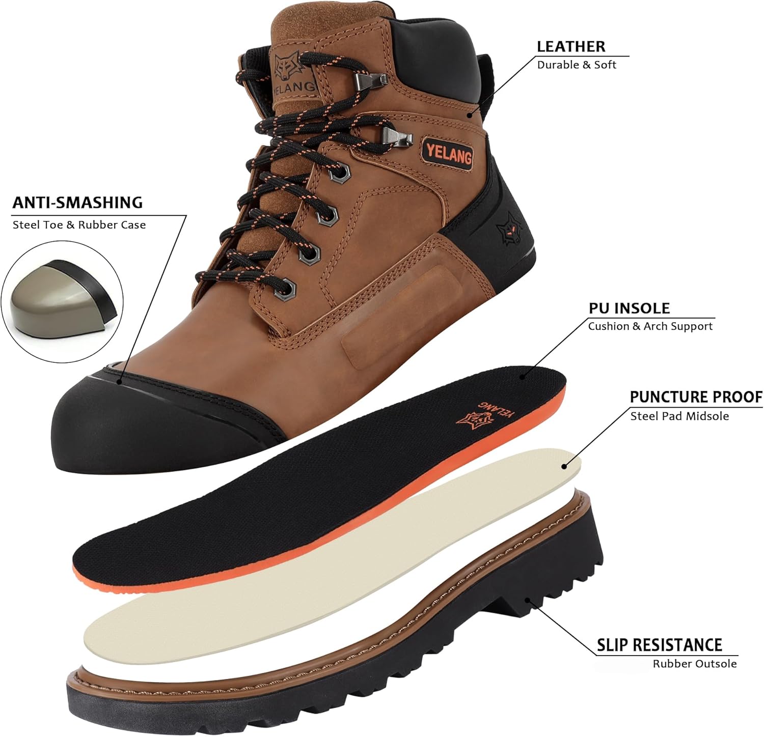 Yelang Botas de trabajo de seguridad con punta de acero para hombre, zapatos de utilidad de perforación antideslizantes de 6 pulgadas para