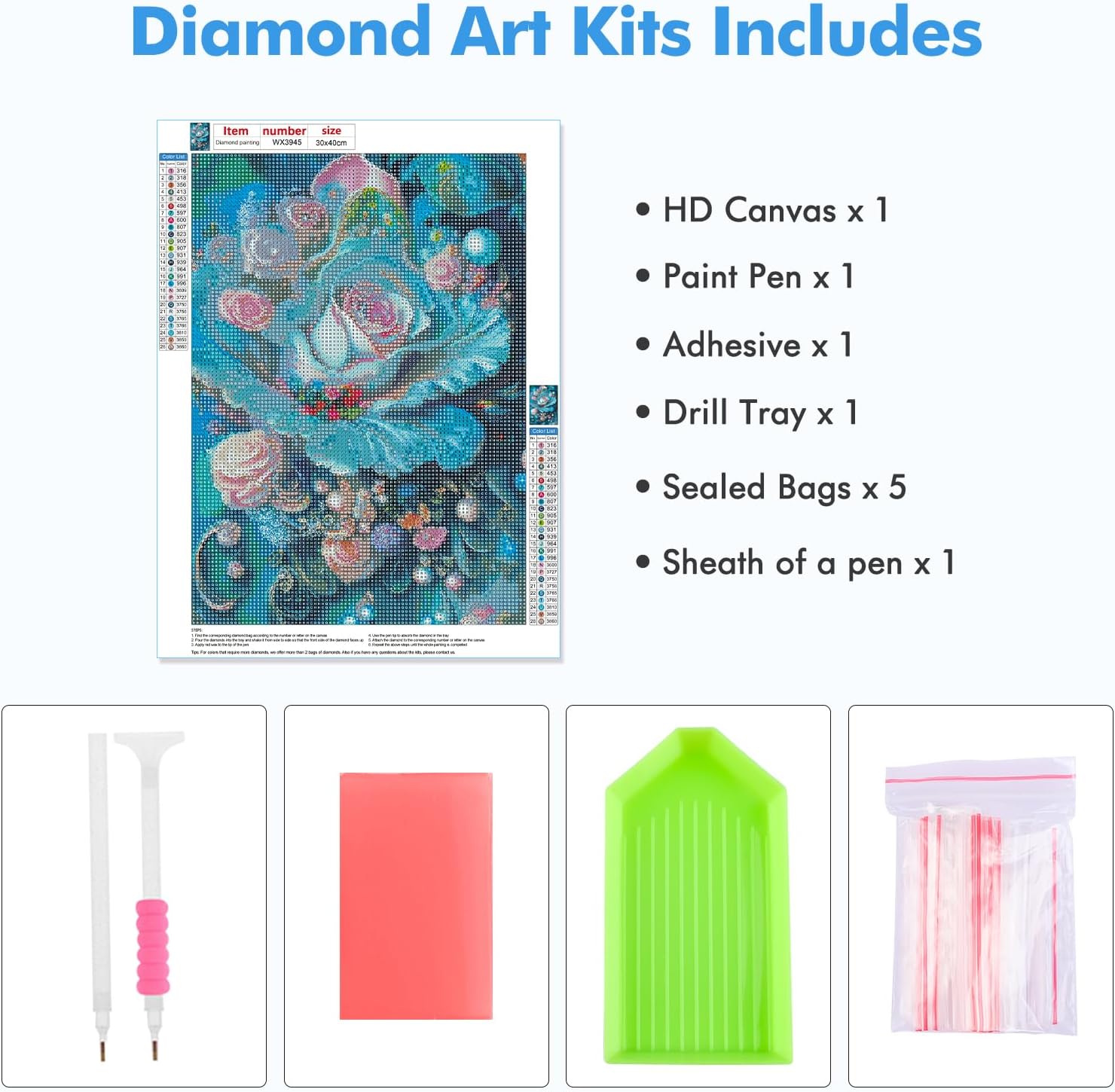 MOGTAA Kits de pintura de diamantes de flores para adultos, kits de arte de diamantes de perlas de taladro completo para niños principiantes, kit de