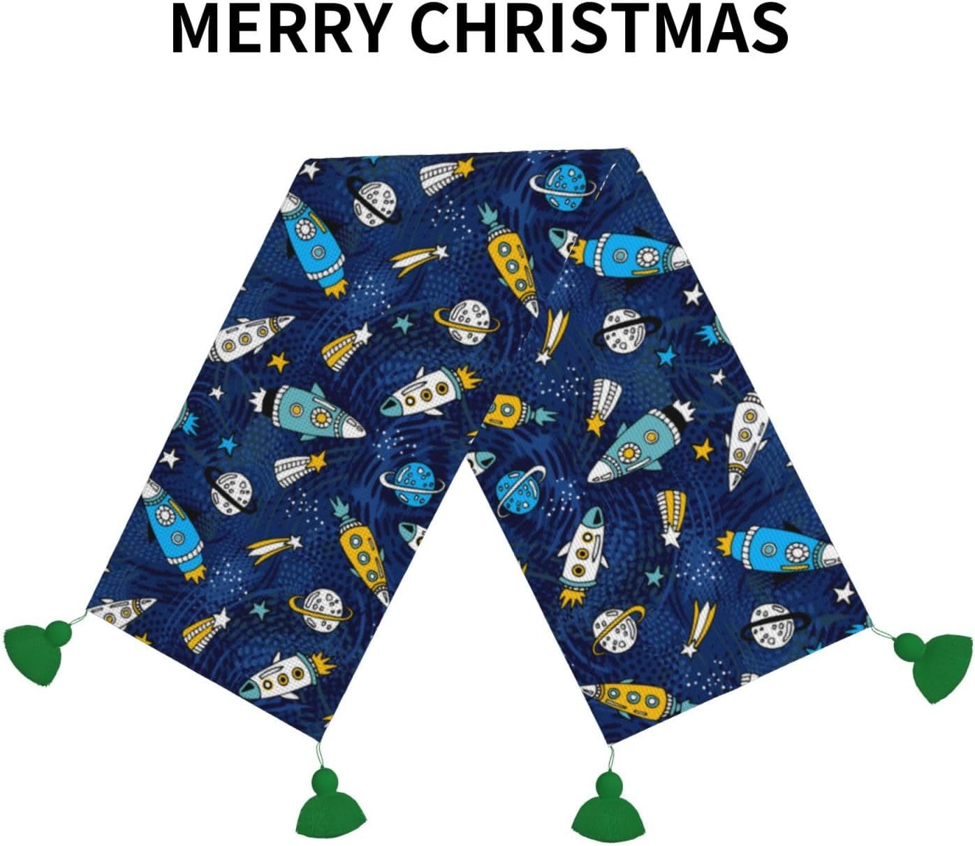 Camino de mesa de Navidad de dibujos animados, cohetes, planetas, estrellas, camino de mesa de comedor, decoración de Navidad, decoración de