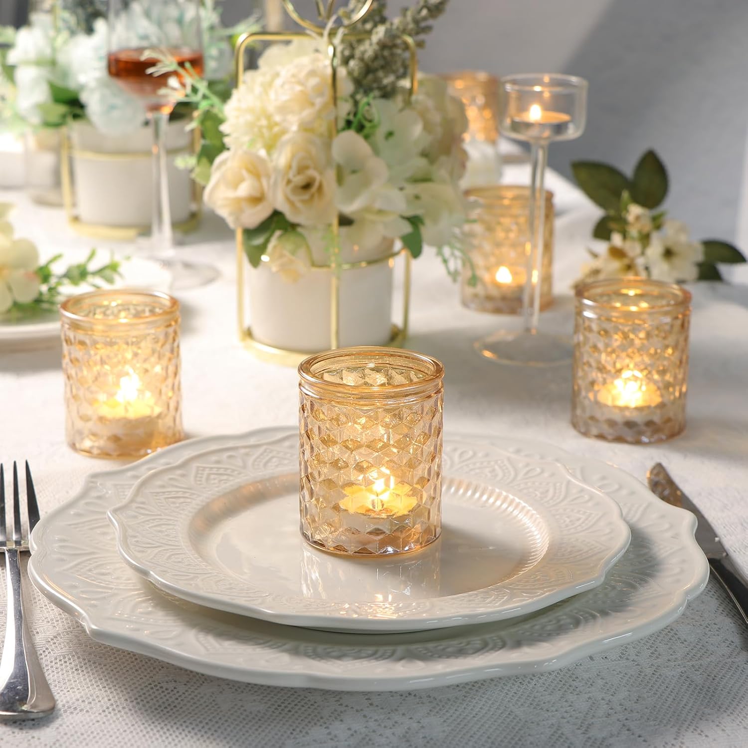12 portavelas votivas doradas, candelabros de cristal para centros de mesa de boda, suministros de fiesta y decoración de mesa de baby shower