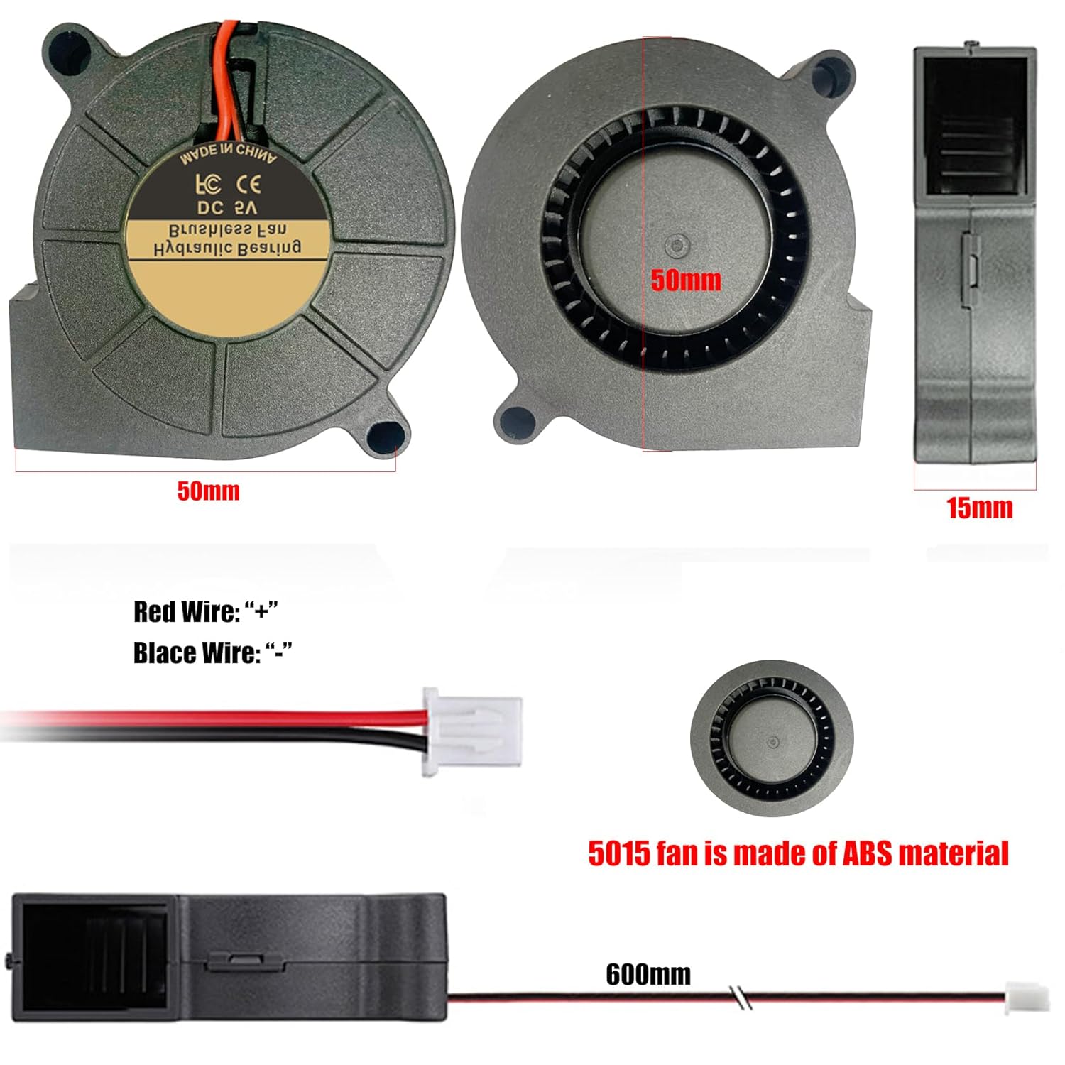 Ventilador 5015 de 5 V, paquete de 2 ventiladores turbo de refrigeración silenciosa premium de 1.969 in con 2 pines, ventilador silencioso de