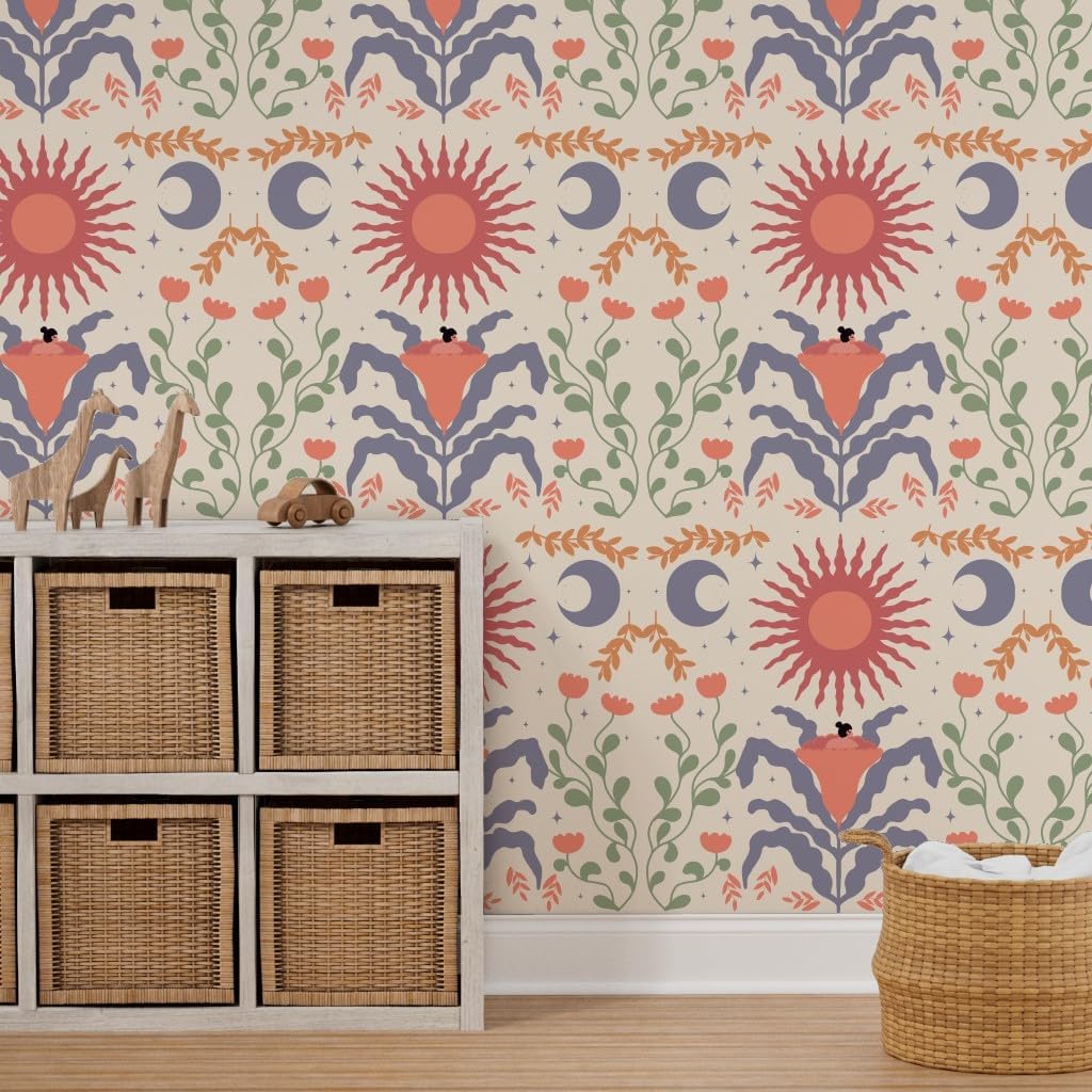 Spoonflower Muestro de papel tapiz extraíble – Estrella moderna abstracta Sol Luna Geométrico Boho Celestial personalizado pre-pegado papel pintado