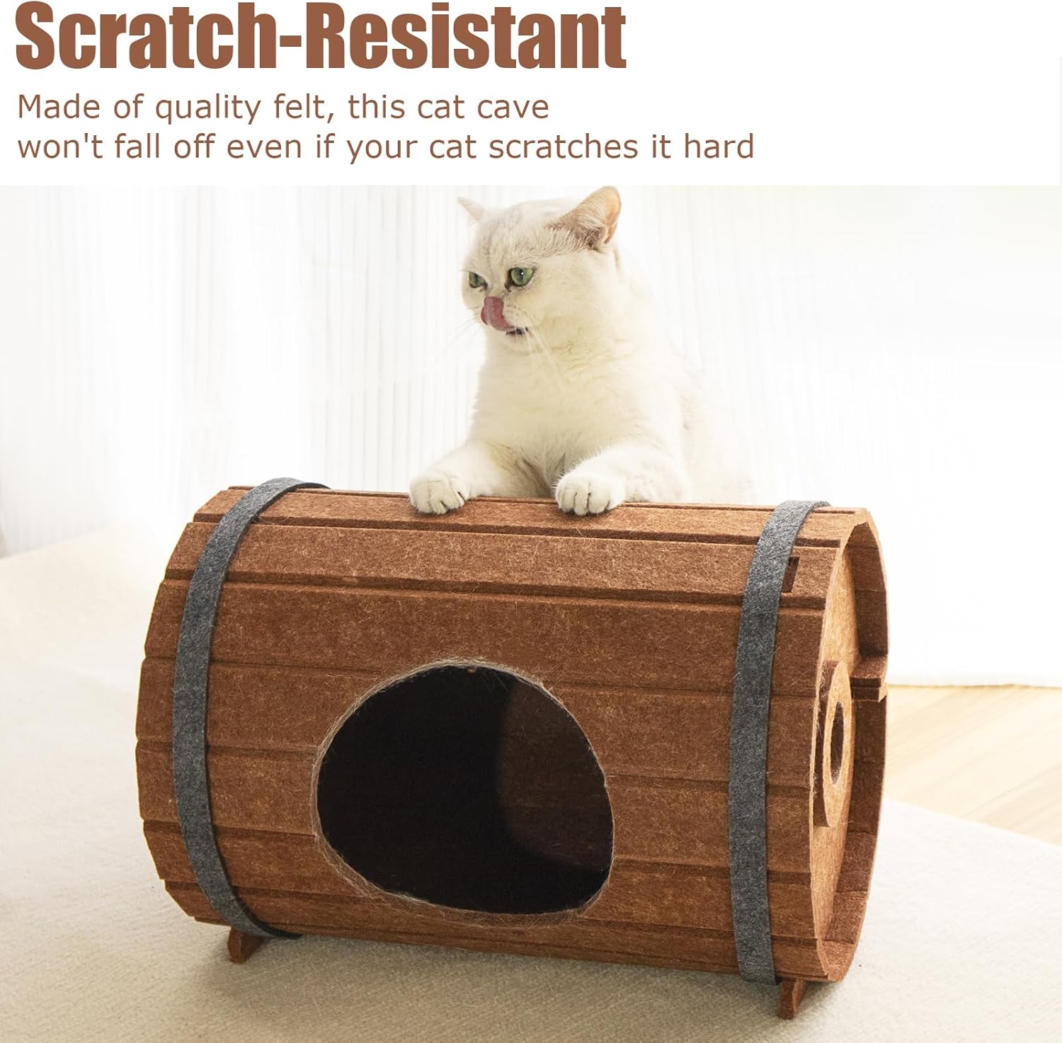 VERABE Casa para gatos con forma de barril de cerveza, cueva de fieltro Peekaboo para gatos, camas plegables para gatos de interior, casa duradera