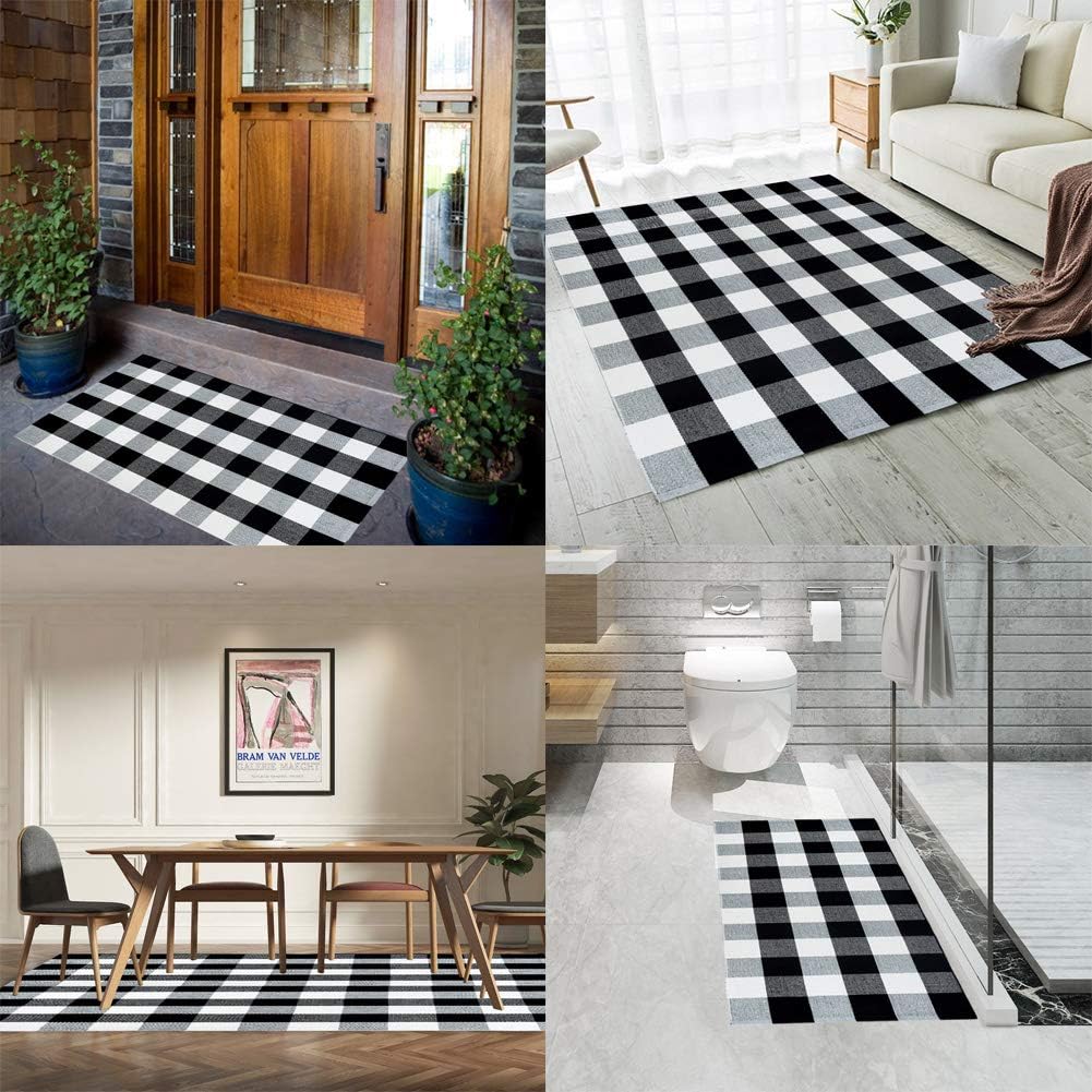 Carvapet Buffalo – Alfombra de área a cuadros negros y blancos de 27.5 x 43.3 pulgadas, tapete de bienvenida para interiores y exteriores, para
