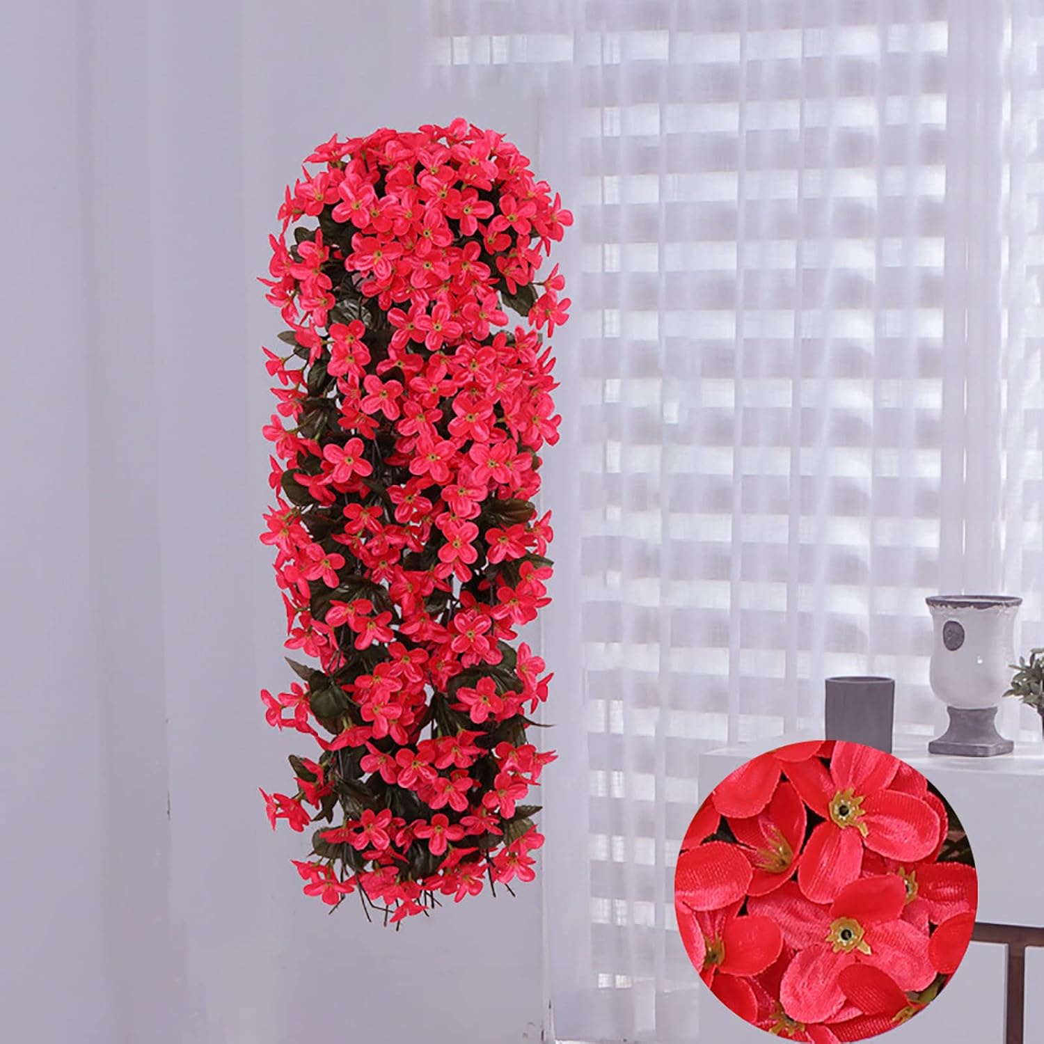 Flores de imitación, flores de seda, guirnalda violeta sintética para exteriores, cesta colgante roja, ramo de flores violetas, guirnalda colgante