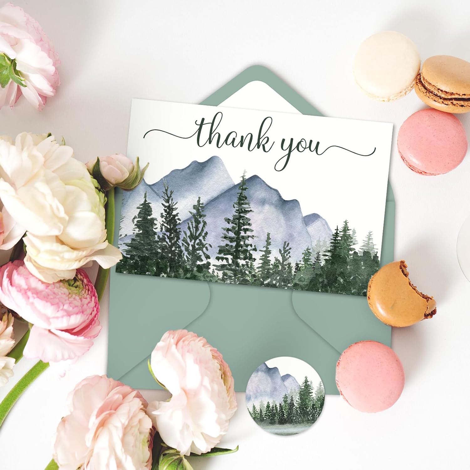 AnyDesign – 25 tarjetas de felicitación de bosque de acuarela, tarjetas de agradecimiento con sobres y calcomanías adhesivas, tarjeta de regalo en