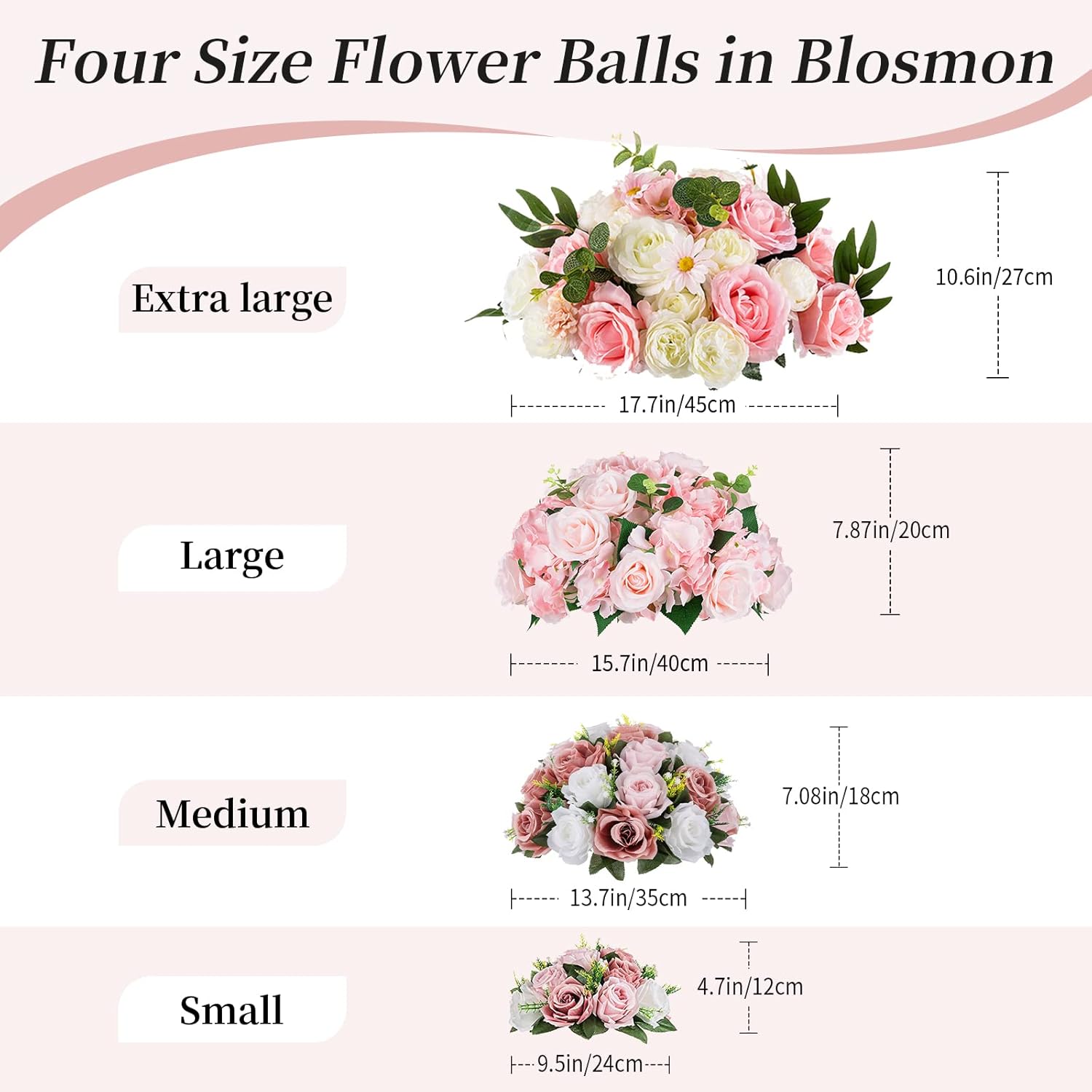 BLOSMON Centros de mesa de bola de flores falsas, 10 piezas de flores artificiales de 13.7 pulgadas, tamaño grande, color rosa polvoriento, arreglo