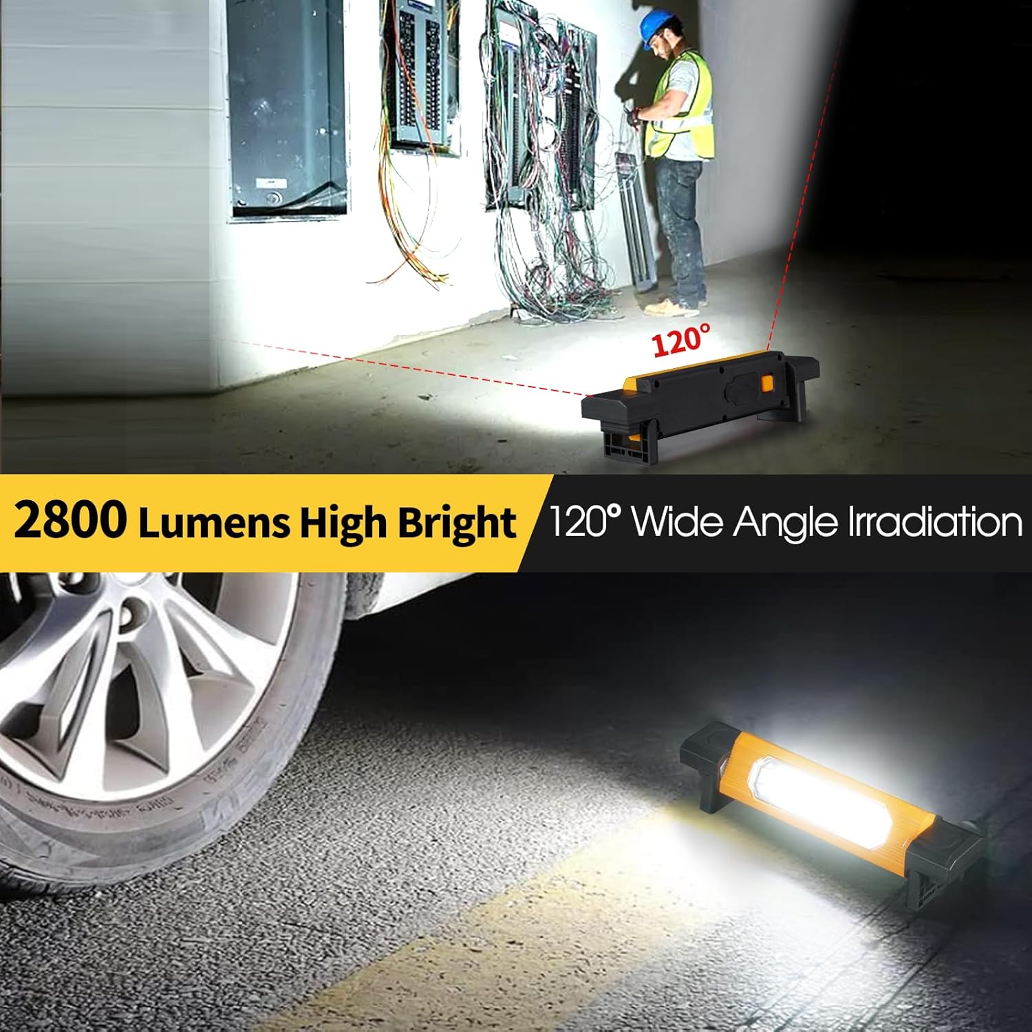 Luz de trabajo recargable debajo del capó, luz de trabajo magnética de 2800 lúmenes con soporte de 90, luces de trabajo COB giratorias de 360 con