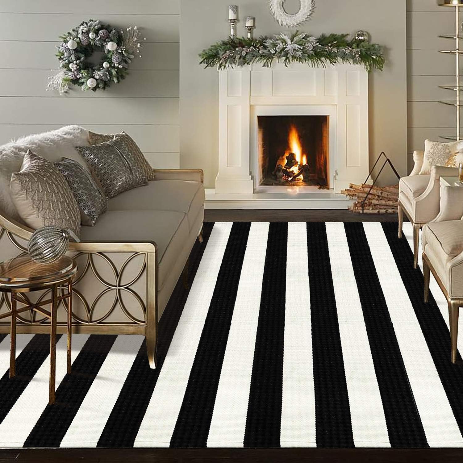 KIMODE – Alfombra de algodón tejida con diseño a rayas en color negro, para puerta de entrada, cocina, decoración de estilo rústico