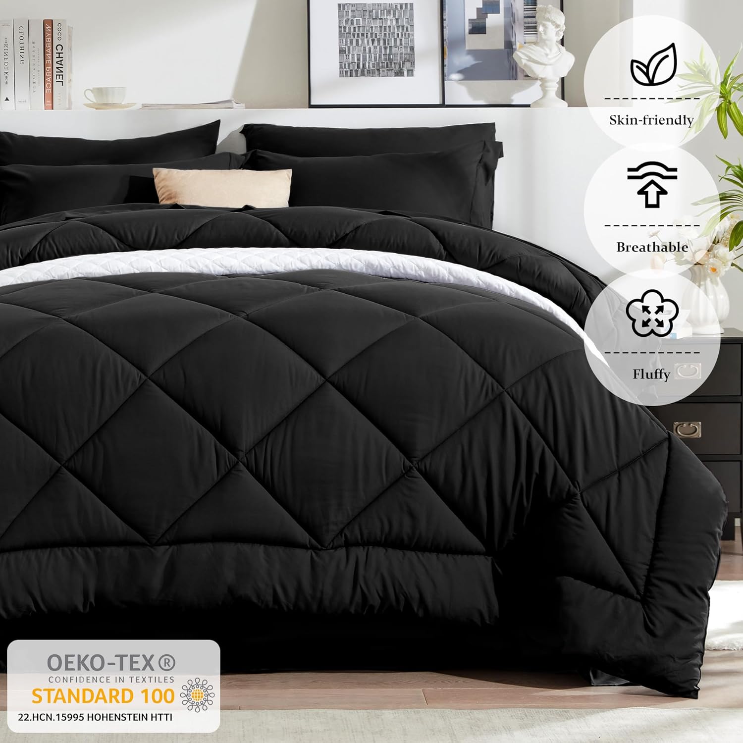 Newspin Juego de edredón de 6 piezas para cama individual en una bolsa, juego de cama negro para todas las estaciones, juegos de ropa de cama