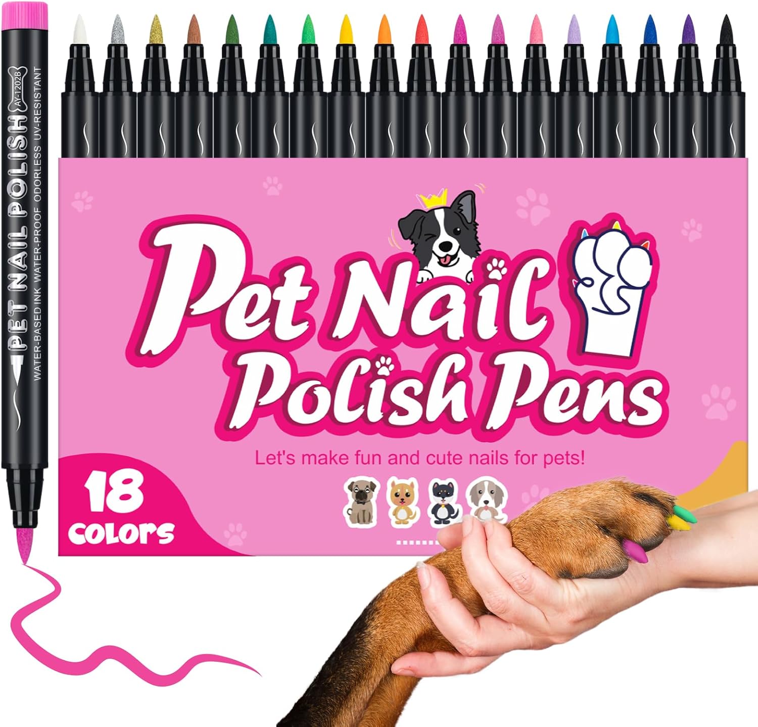 Esmalte de uñas para perro, 18 colores, de secado rápido, no tóxico, inodoro, fácil de aplicar con puntas de pincel, larga duración, uñas para