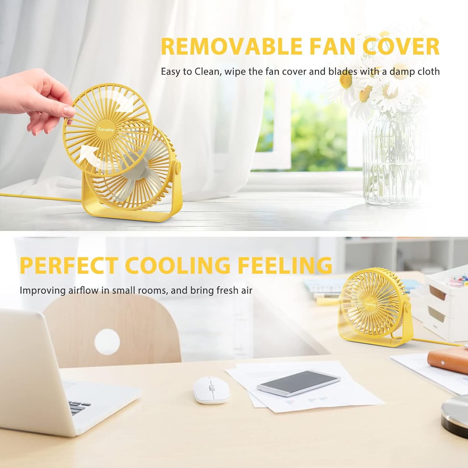 FARADAY Ventiladores de escritorio USB de 5 pulgadas, ventiladores de mesa portátiles con rotación de cabeza de 360, pequeño ventilador de