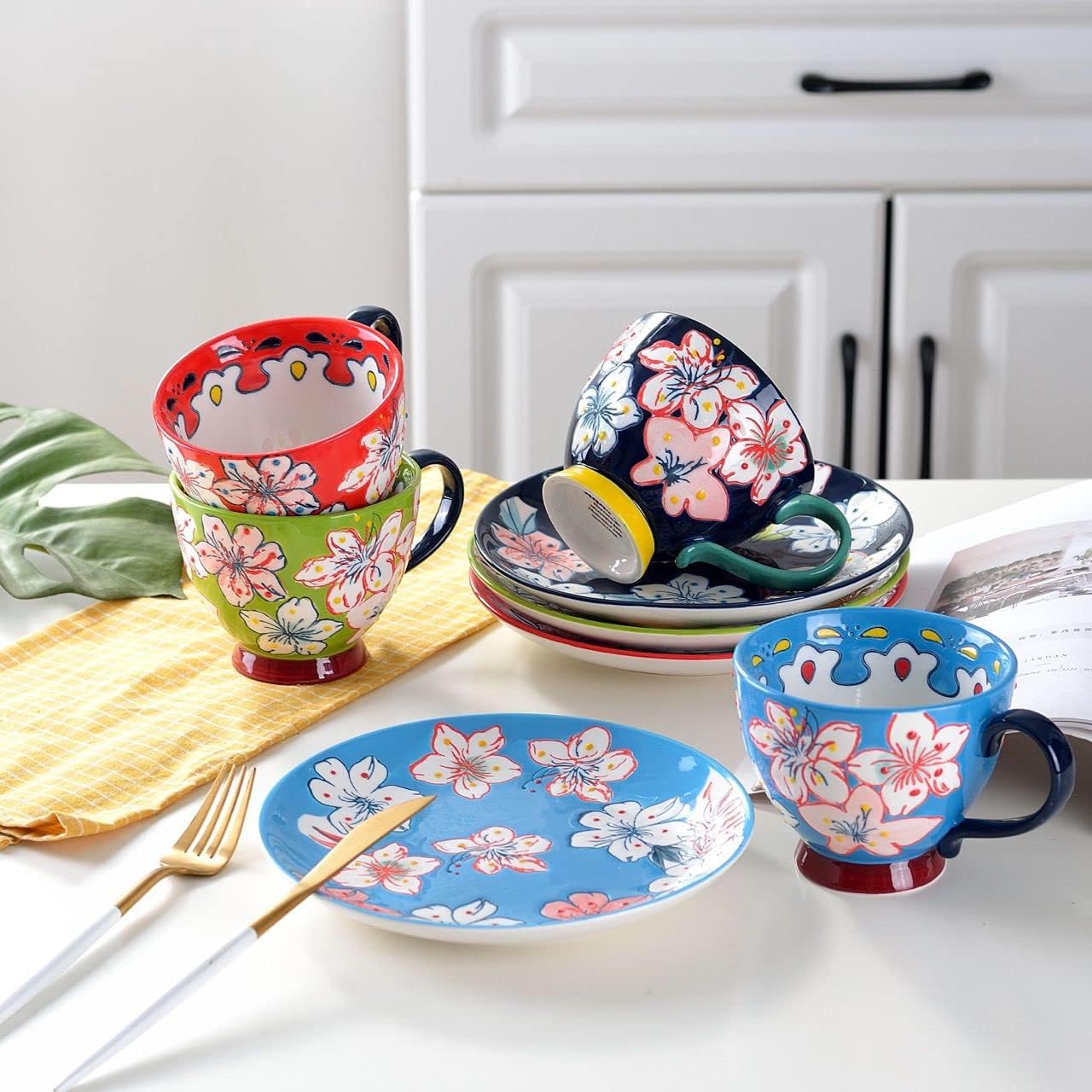 superyes Juego de 4 platos de ensalada de cerámica floral pintados a mano, juego de platos redondos decorativos de 8 pulgadas, para ensalada,