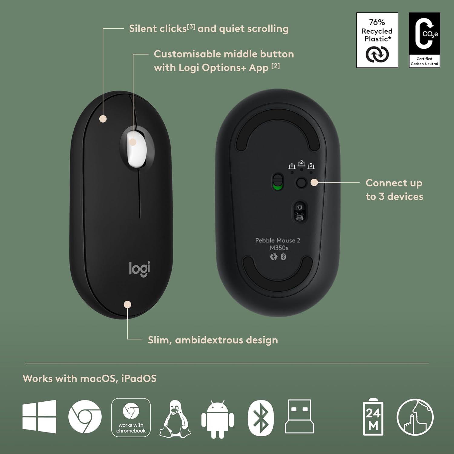 Logitech Pebble 2 Combo, teclado y mouse inalámbricos, silencioso y portátil, personalizable, perno logi, Bluetooth, fácil de cambiar para Windows,