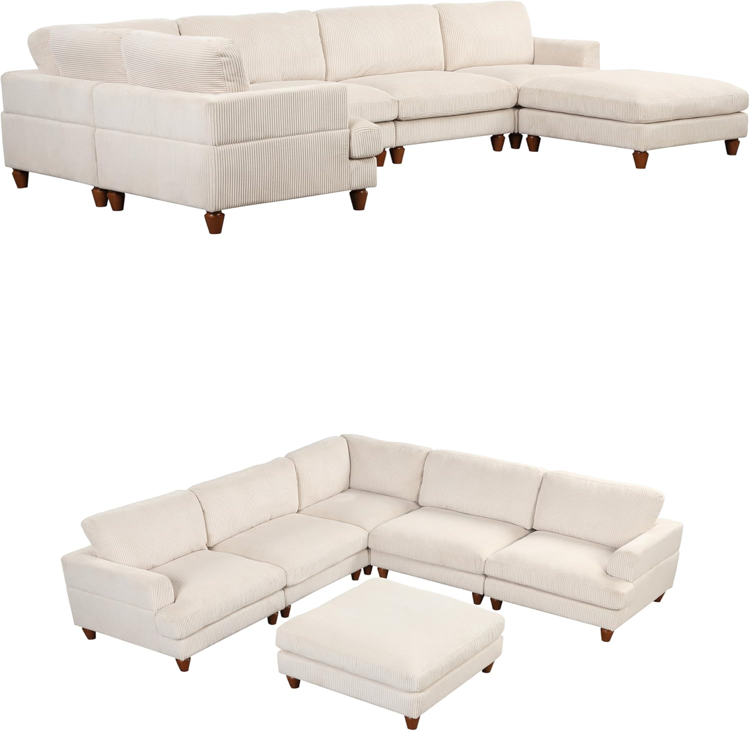 Sofá modular modular de pana en forma de U con otomana movible, LU 6 plazas, sofá esquinero combinado gratuito y sofá convertible espacioso para el