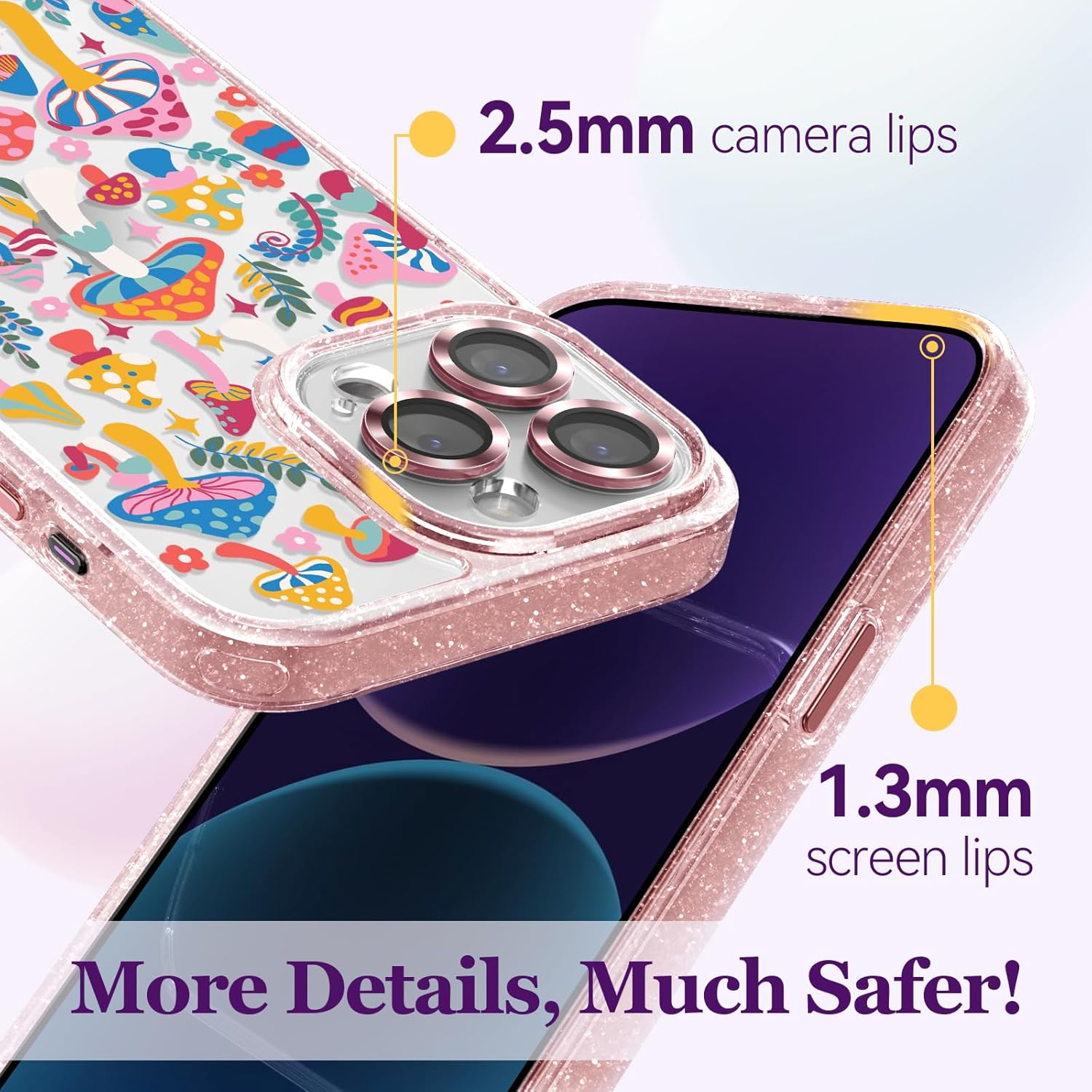 casevivid Funda compatible con iPhone 15 Pro Max, bonita estética, funda de teléfono rosa con purpurina y protector de cámara, funda con estampado