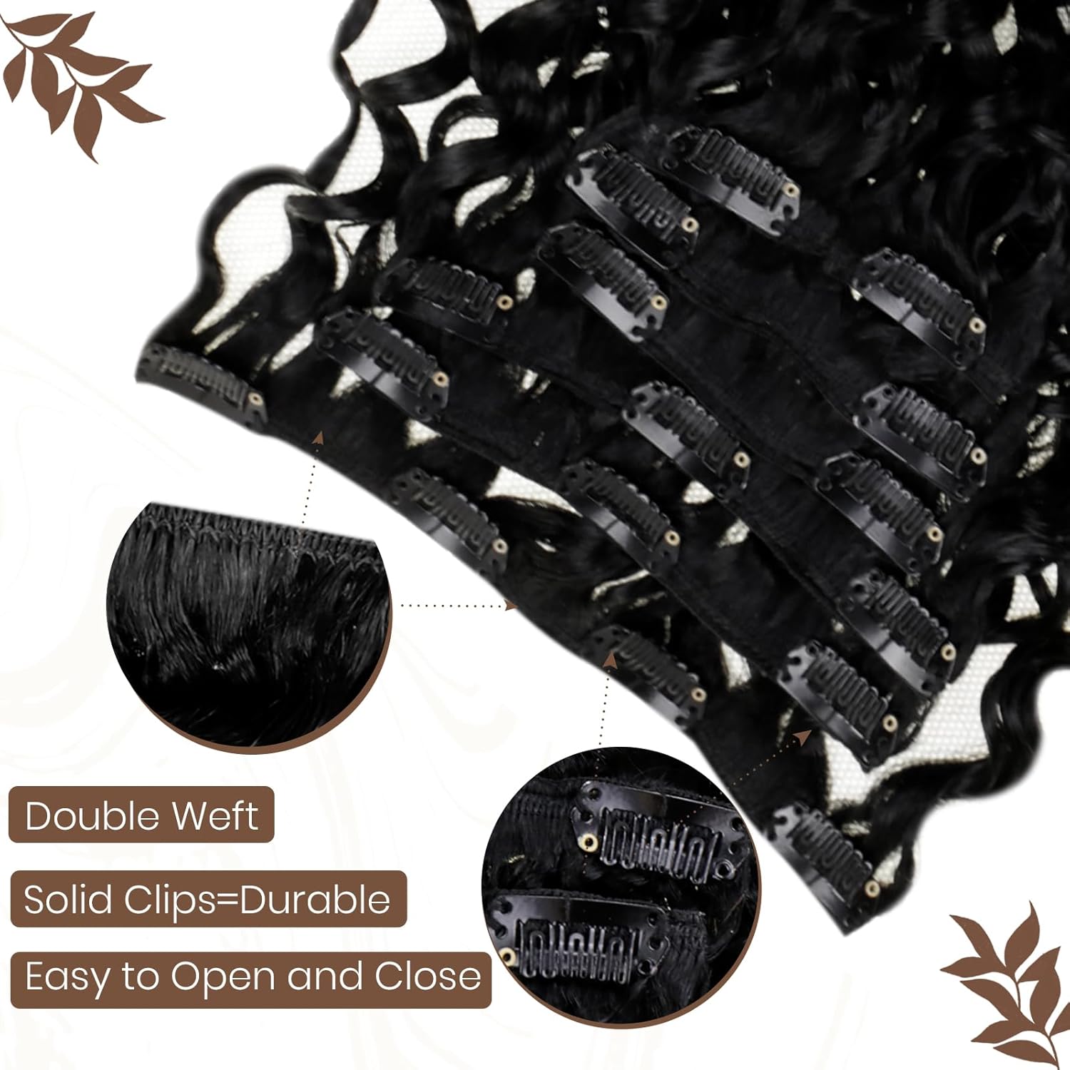 Hetto Extensiones de cabello humano rizado con clip, color negro azabache #1, extensiones de cabello humano ondulado natural con clip, extensiones
