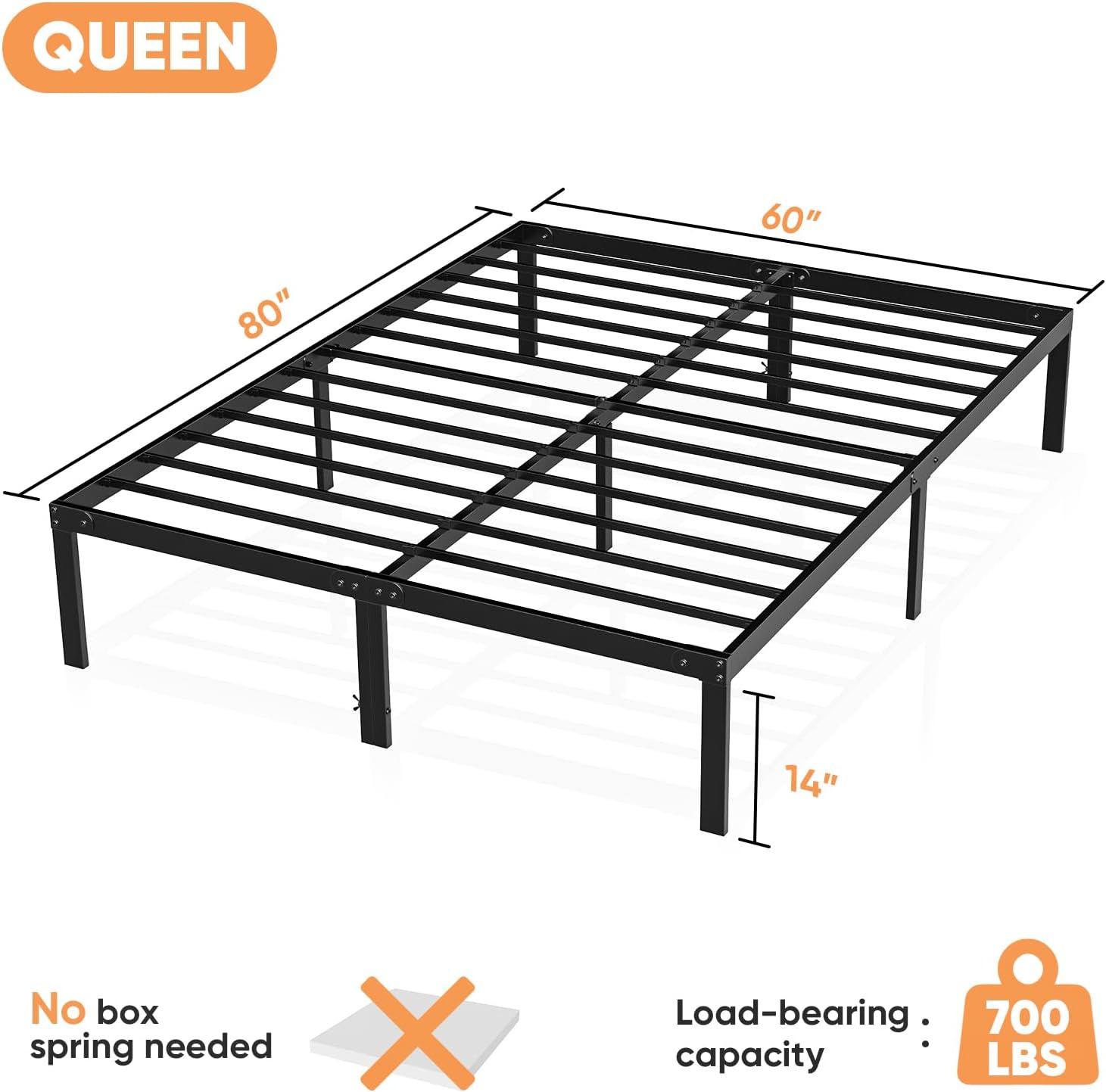 Sweetcrispy Marco de cama Queen  Marco de cama de plataforma de metal tamaño Queen con espacio de almacenamiento debajo del marco, resistente, 14