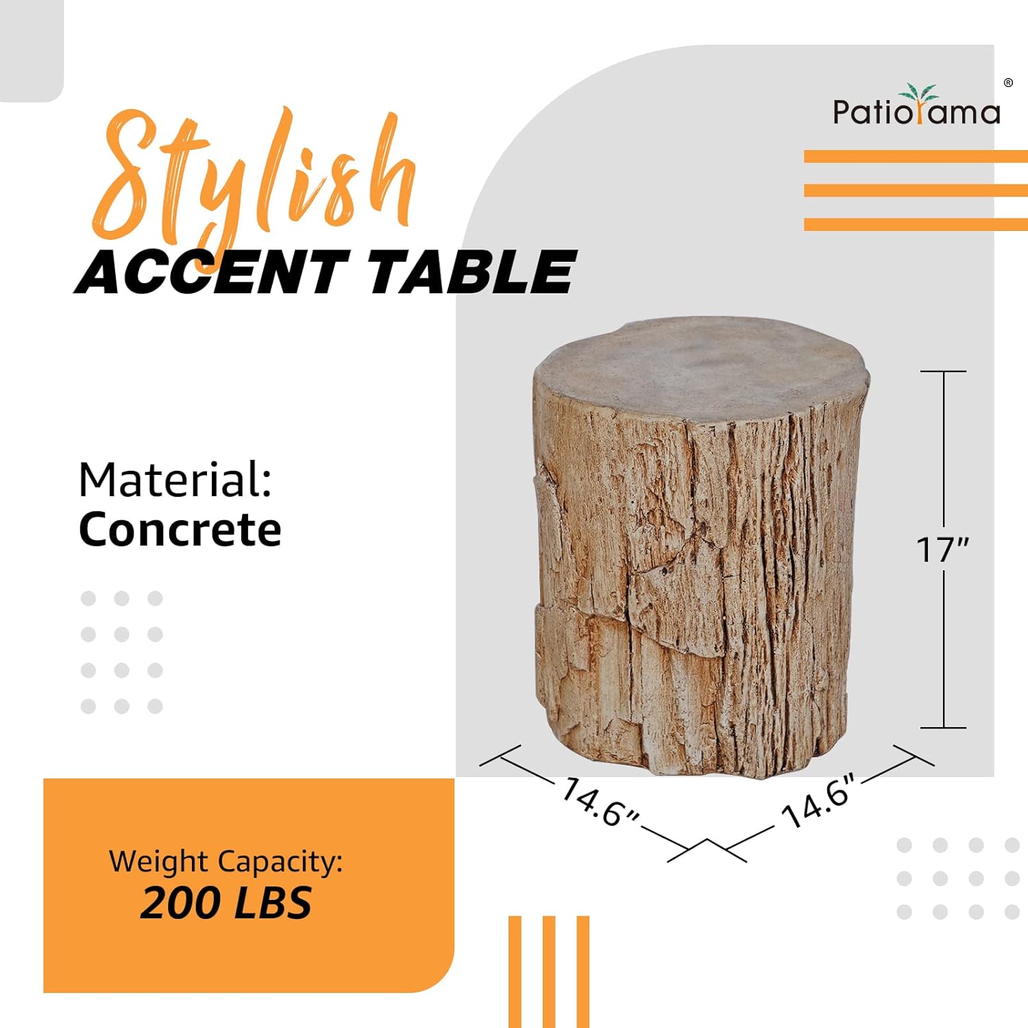 Patiorama Mesa auxiliar de hormigón para exteriores, mesa redonda de 14.6 pulgadas, taburete de tocón de madera sintética, mesa auxiliar de patio,