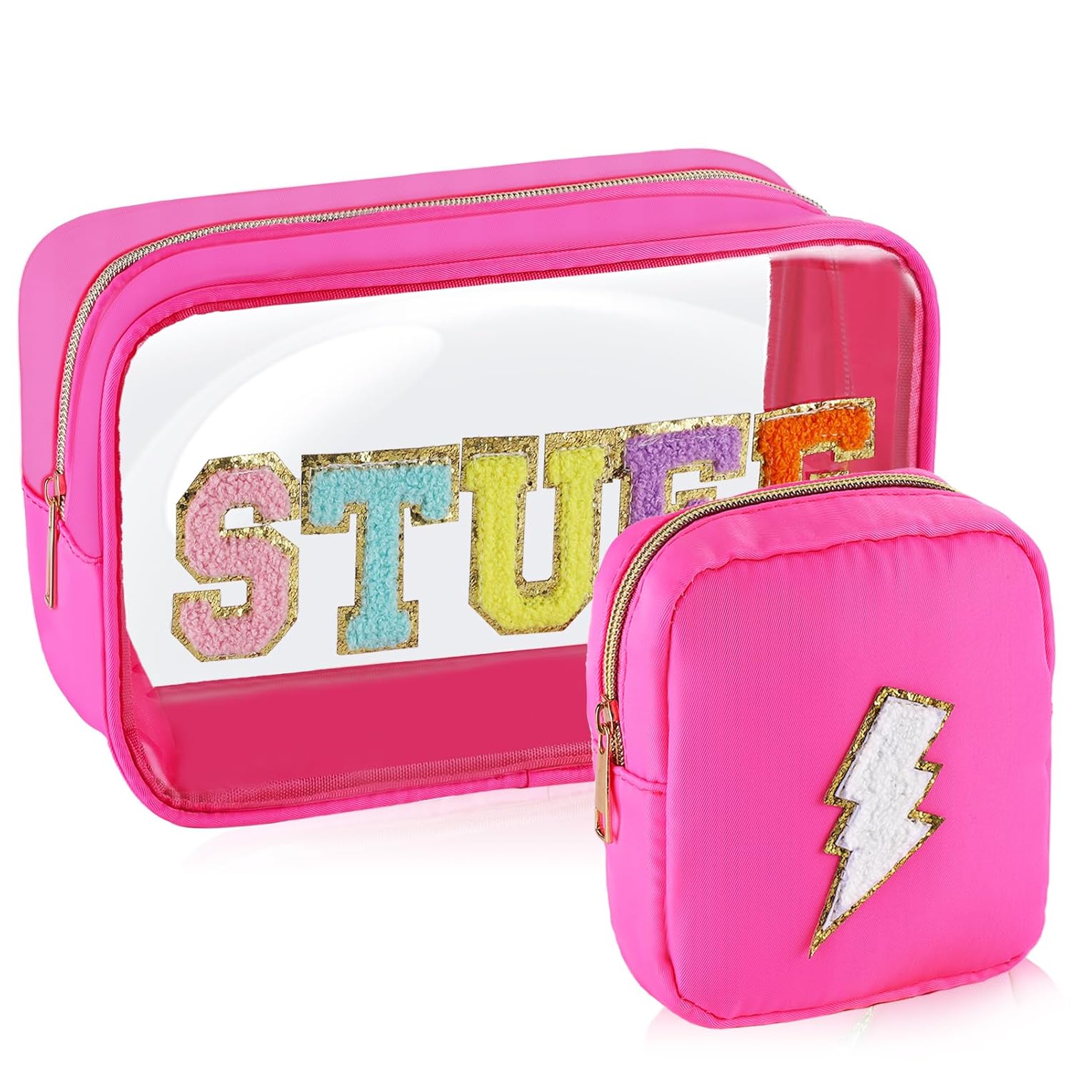 Juego de 2 bolsas de maquillaje transparentes y preppy, grandes, pequeñas, de viaje, con letras de chenilla, bolsa de cosméticos de nailon y PVC,