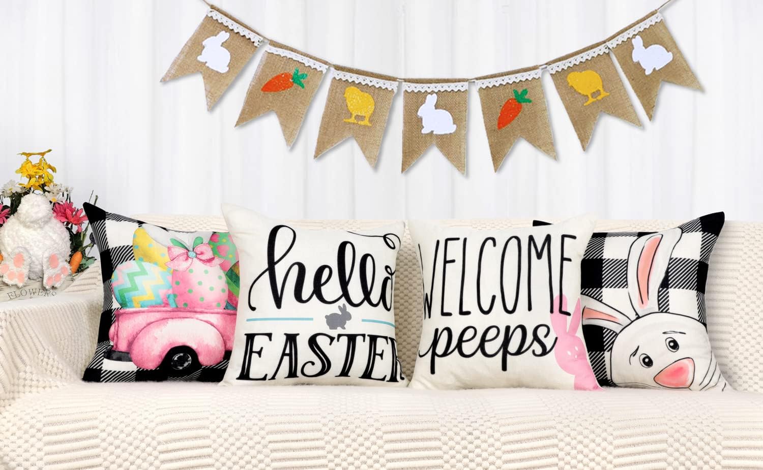 4TH Emotion Juego de 4 fundas de almohada de Pascua de 18 x 18 pulgadas, decoraciones de Pascua para primavera, almohadas de granja, almohadas