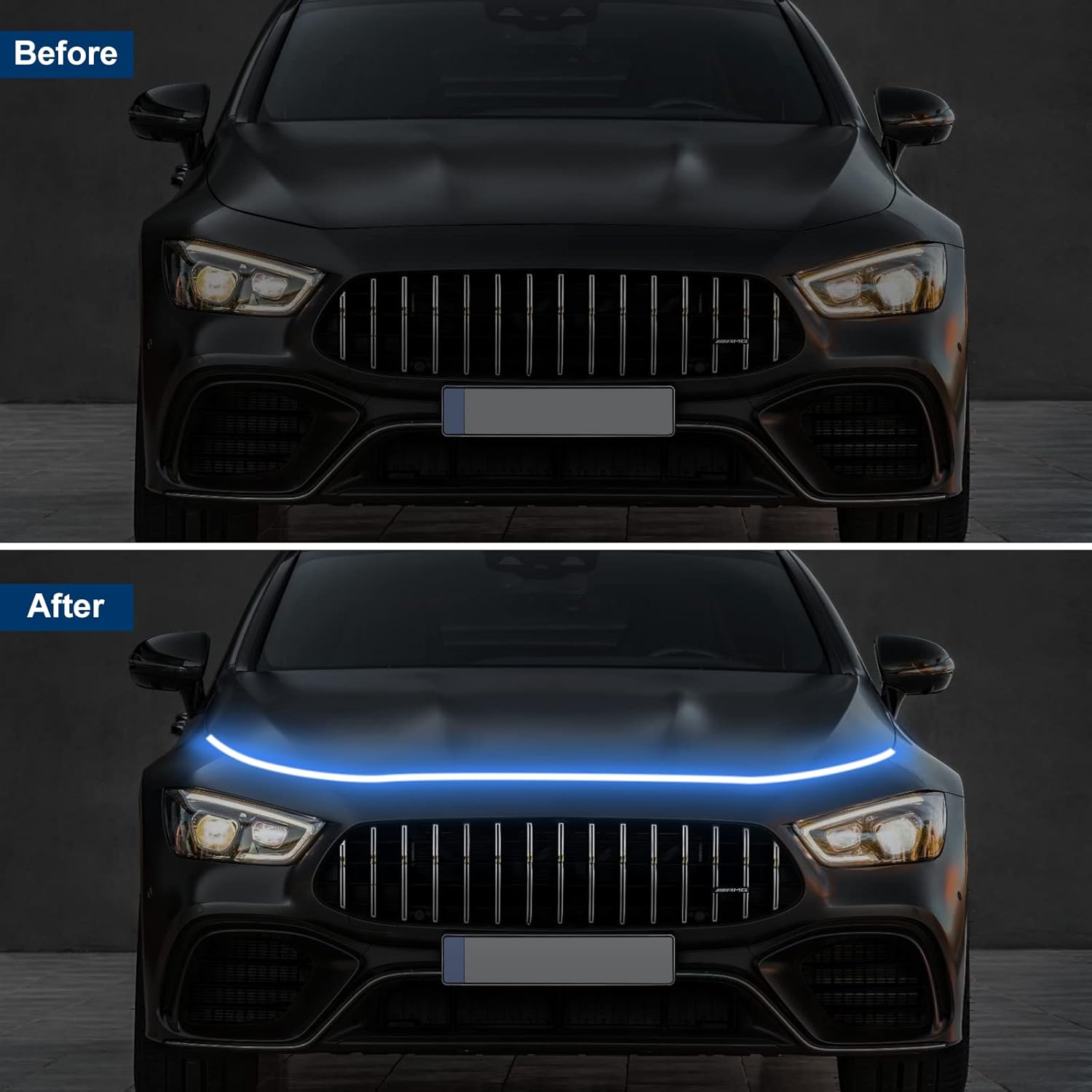 Paquete de 2 tiras de luz LED para capó de automóvil, 71 pulgadas, color azul, exterior, flexible, impermeable, con tira dinámica de luces de