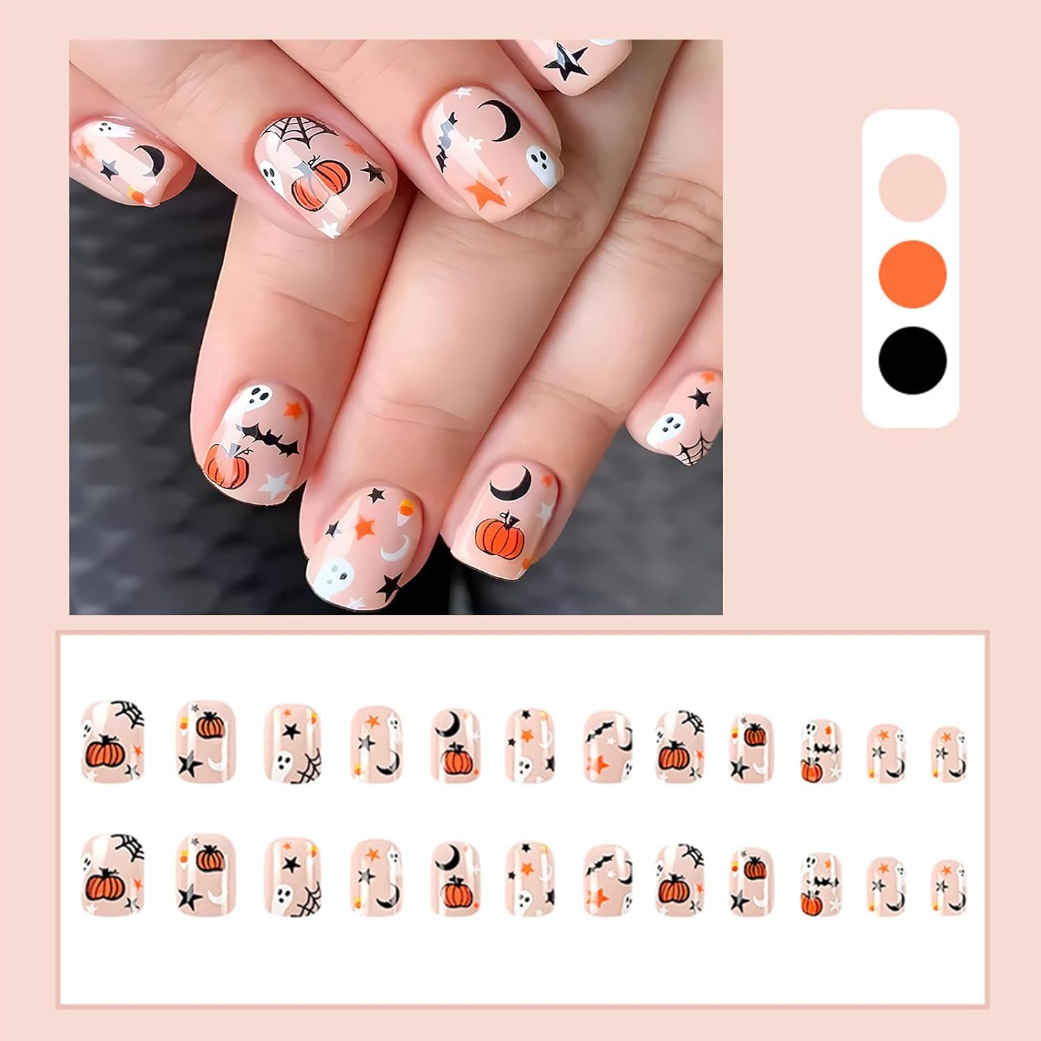 Uñas postizas a presión para Halloween, cuadradas, cortas, ataúd, estrellas, calabaza, bonitas, espeluznantes, murciélagos, pegamento en las uñas