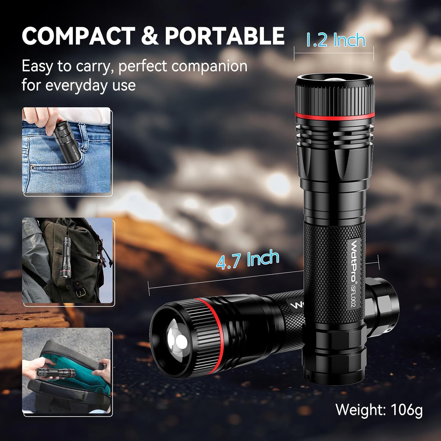 WdtPro Linternas recargables de alto lúmenes, 1 paquete de 10 linternas EDC superbrillantes de larga duración, mini luces LED tácticas para acampar