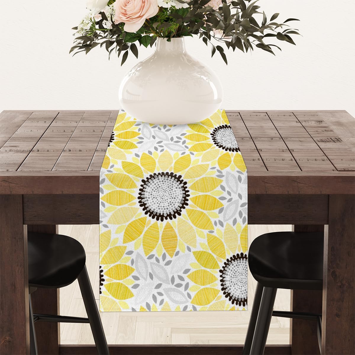 Camino de mesa de flores abstractas, mantel de lino rústico otoñal, decoración de mesa de cocina y comedor para fiesta en el hogar, 13 x 72 pulgadas
