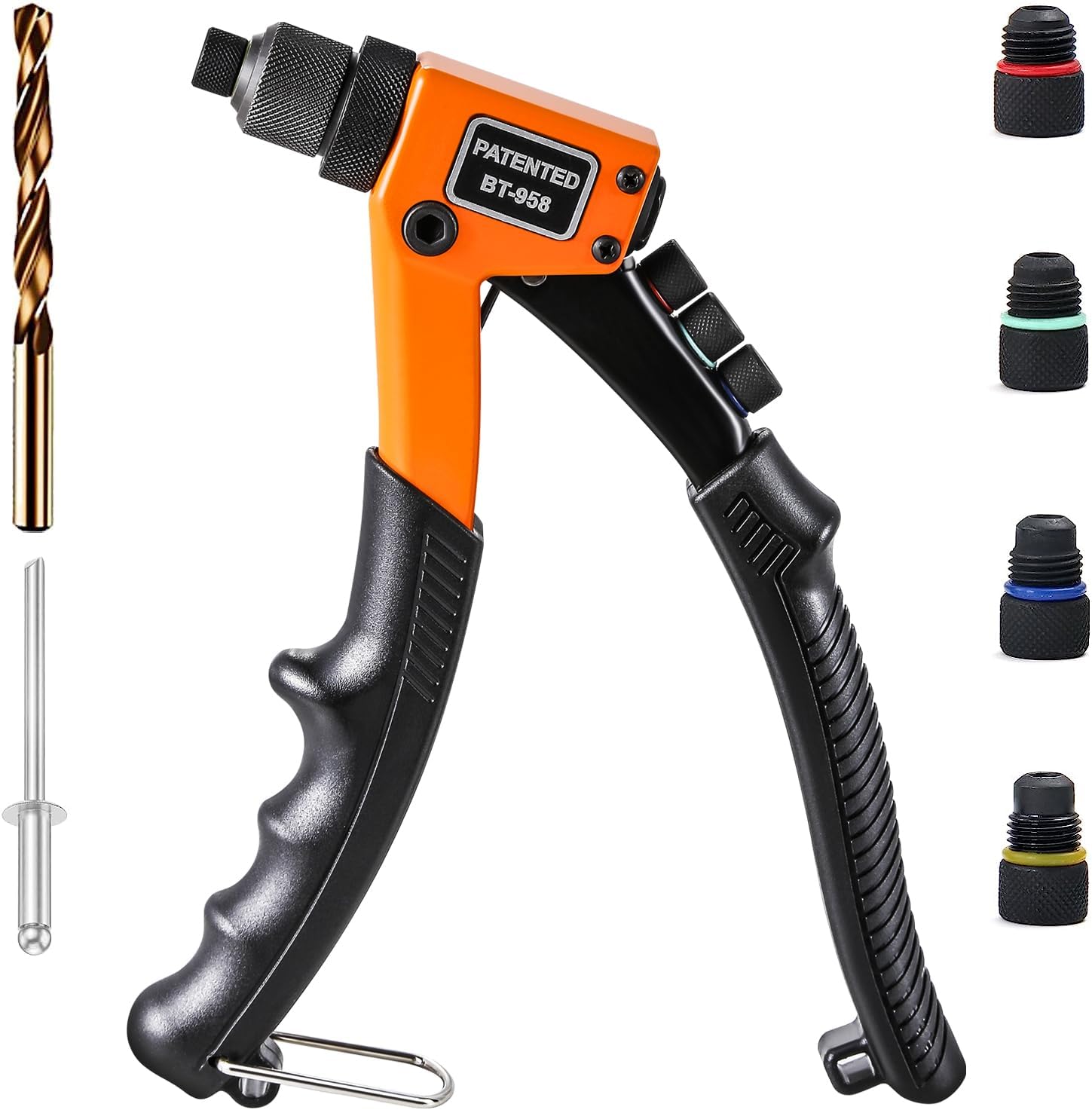 Wensilon Pistola de remache profesional, herramienta de mano ligera, con cuatro cabezales intercambiables y cuatro brocas giratorias y funda de