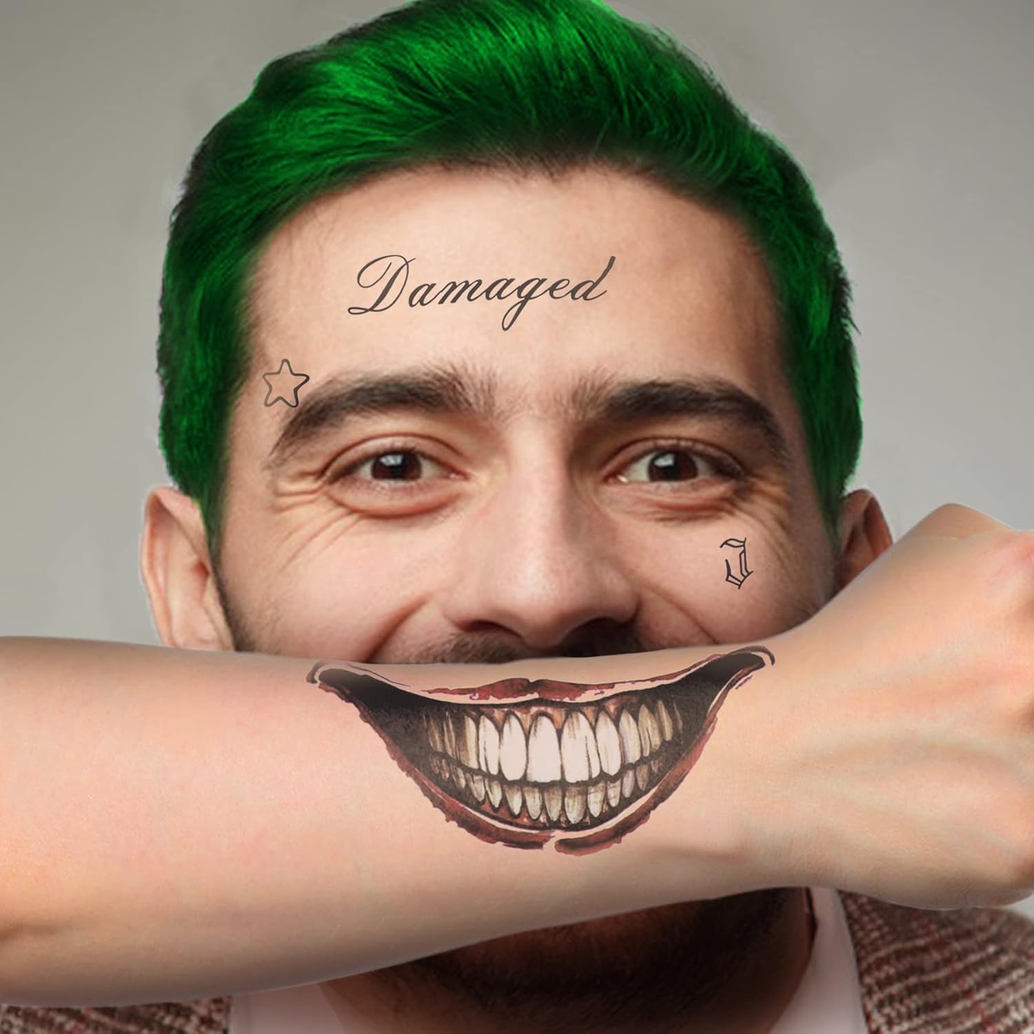 6 hojas de tatuajes Joker & Harley Quinn, realistas y de larga duración de Halloween falsa temperatura para hombres, mujeres y adultos, todas las