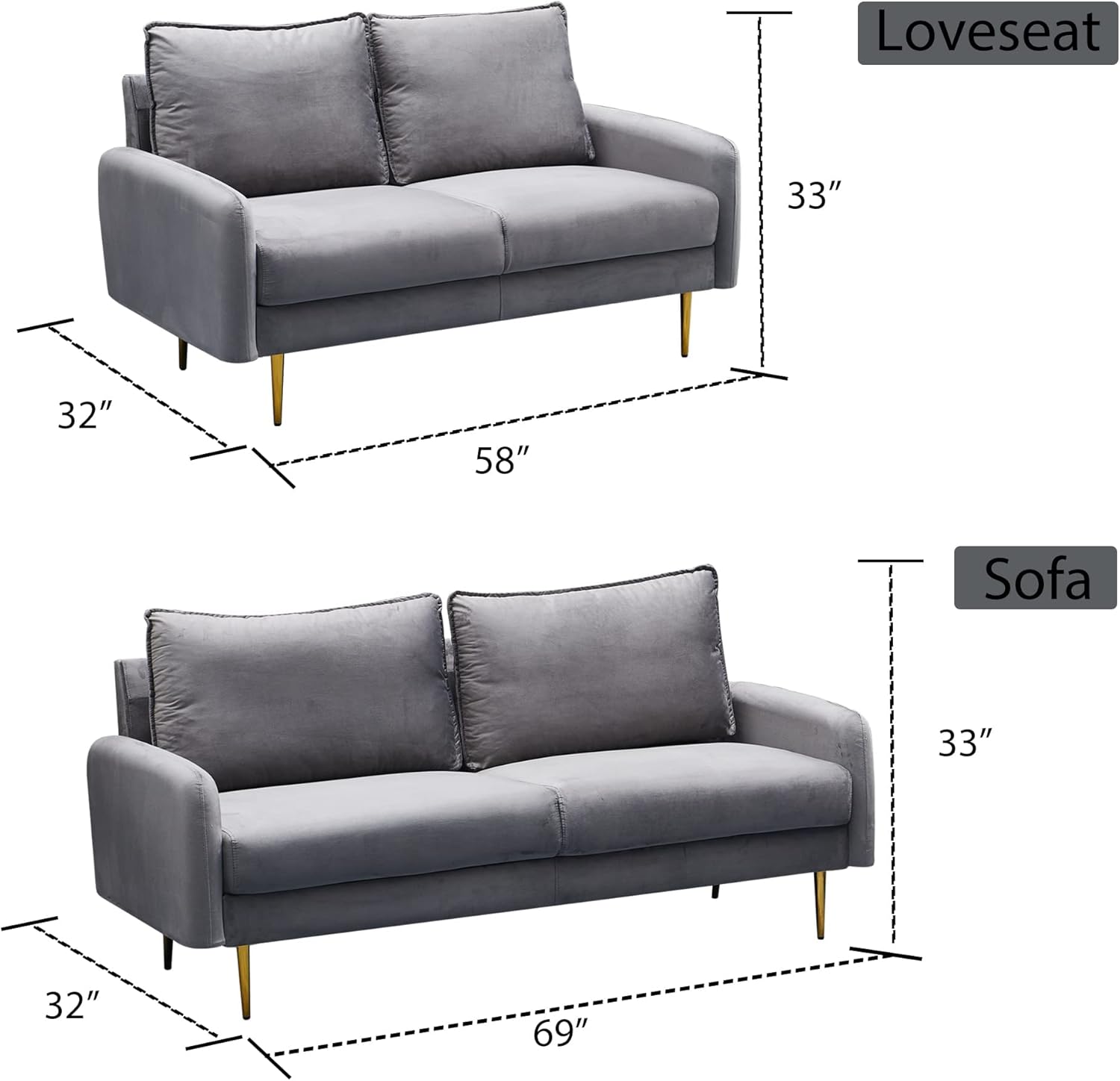 Sofá biplaza de terciopelo moderno con patas de metal para sala de estar, dormitorio, oficina, sala de juegos, color gris