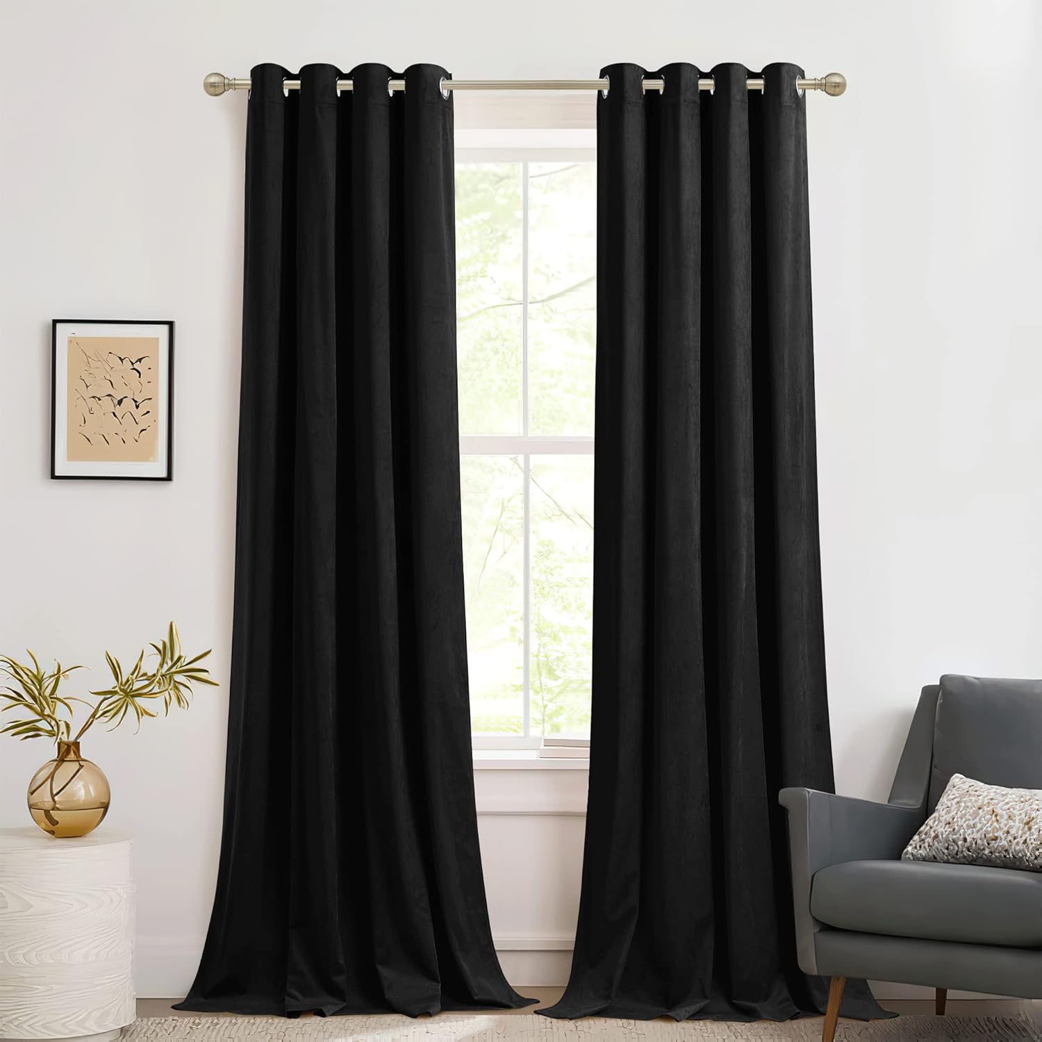 RYB HOME Cortinas de terciopelo negro de 84 pulgadas de largo, 2 paneles, cortinas opacas de felpa para ventana, reducción de ruido, cortinas de