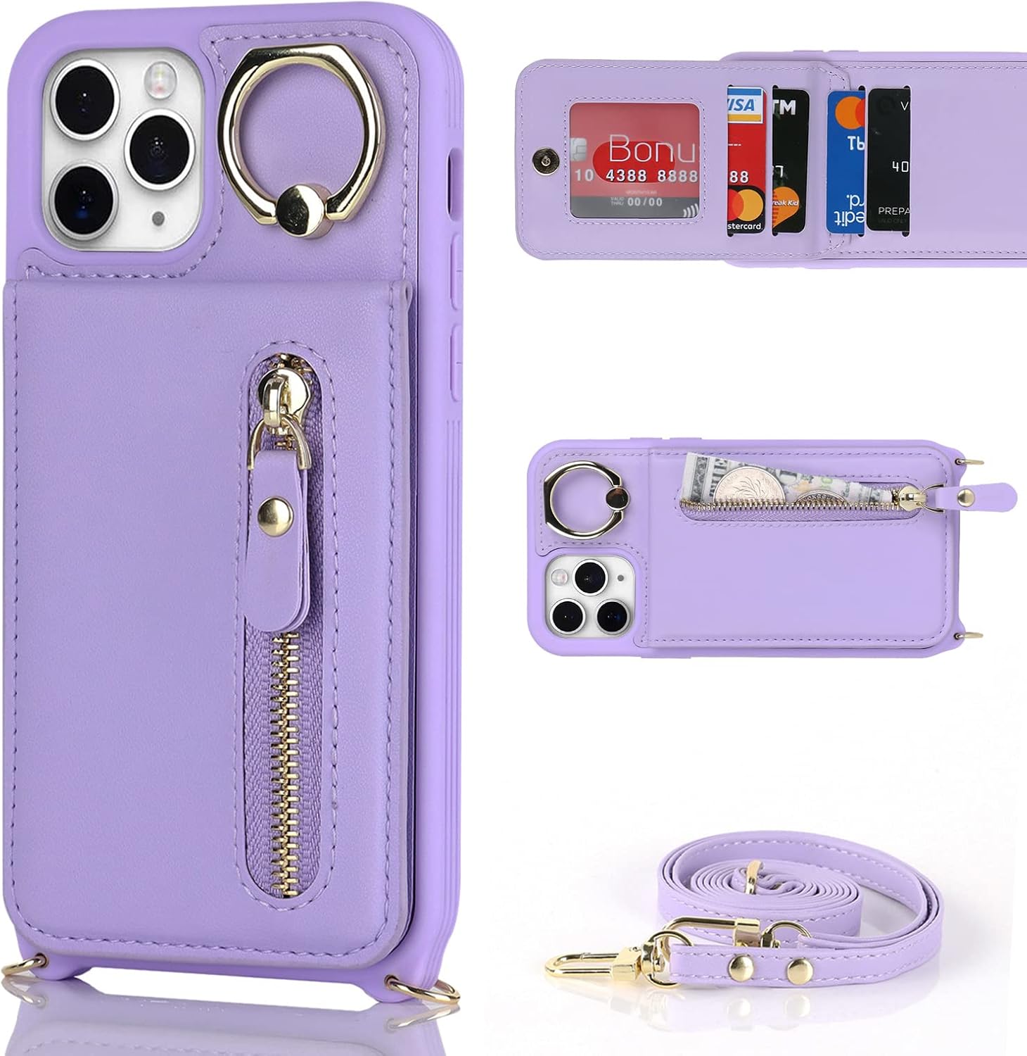 Funda para iPhone 11 Pro Max con tarjetero para mujer, iPhone 11 Pro Max, con correa y ranuras para tarjetas de crédito, cruzado con cremallera y
