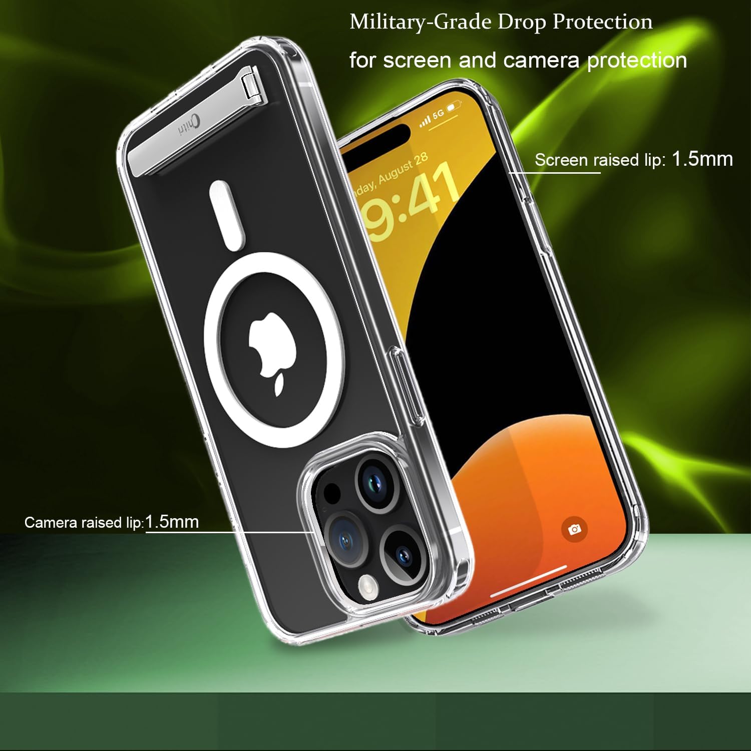 Funda para iPhone 15 Pro Max, Funda magnética con soporte de tres vías Compatible con todos los accesorios Magsafe Funda protectora transparente