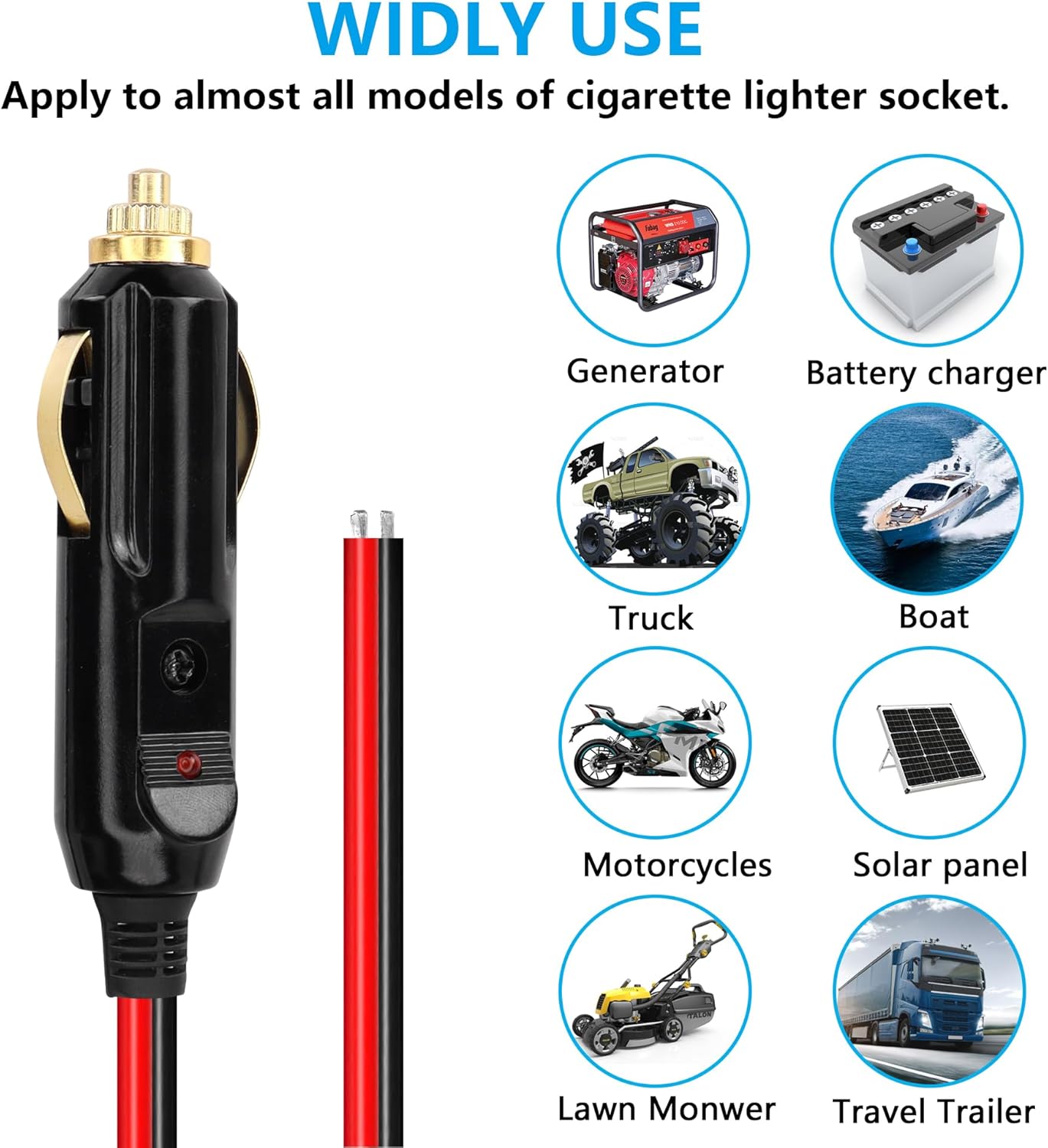 CERRXIAN Cable de enchufe macho para encendedor de cigarrillos, repuesto de 12 V, con fusible de 20 A, cable de cola estañado de 13 AWG, 6.6 ft6.5