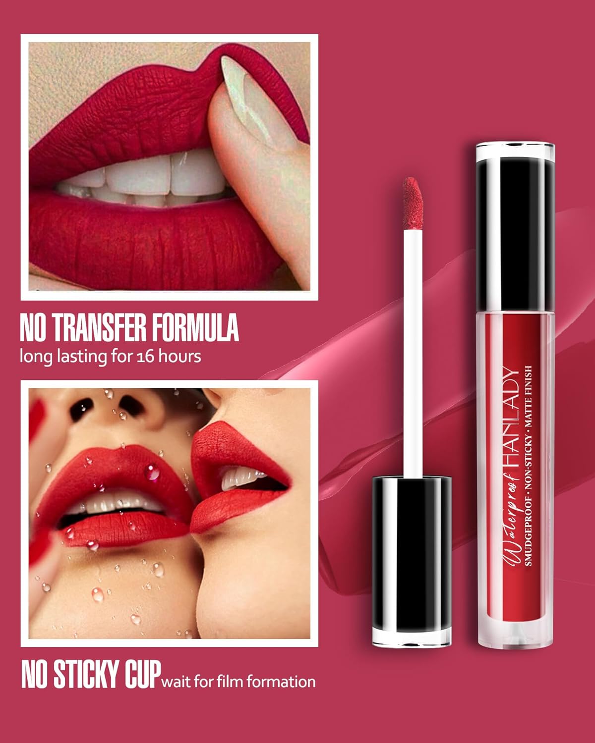 HANLADY Lápiz labial rojo brillante mate, lápiz labial líquido rojo rubí de larga duración para mujeres, a prueba de manchas, manchas de labios, sin