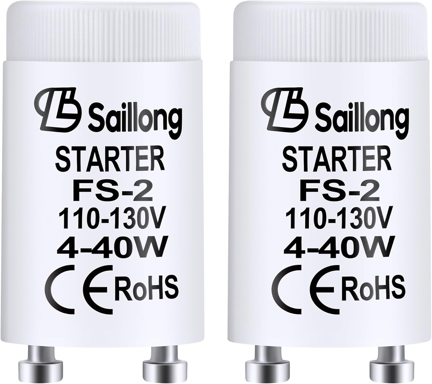 Saillong Paquete de 2 arrancadores fluorescentes blancos para uso con lámparas fluorescentes de precalentamiento de 4-40 W, tubo fluorescente