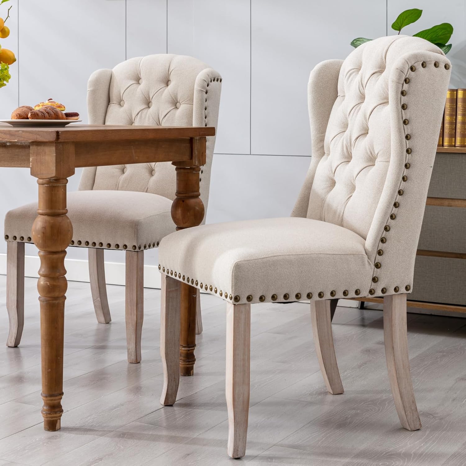 Juego de 2 sillas de comedor clásicas tapizadas de lino con respaldo alto y patas de madera, cómodas sillas laterales sin brazos para cocina,