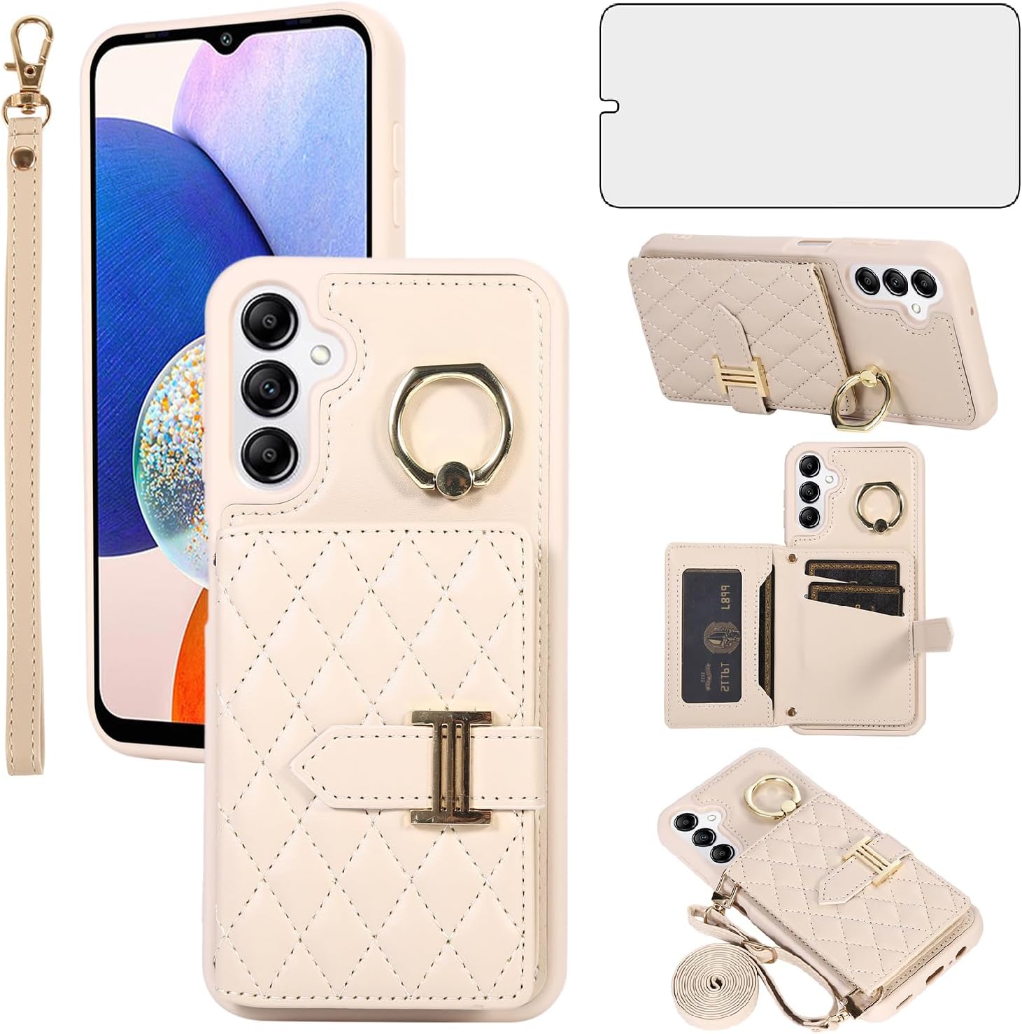 Asuwish Funda para teléfono Samsung Galaxy A14M14 5G con protector de pantalla, soporte para tarjeta de crédito, ranura para tarjeta de crédito,