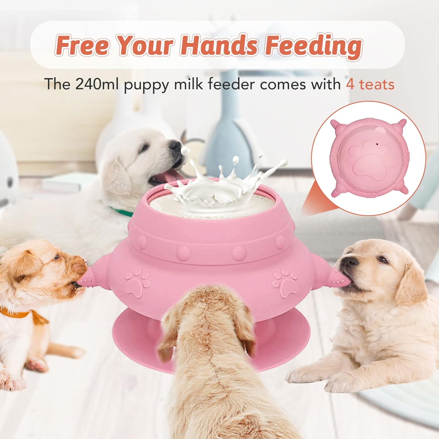 Comedero para cachorros para varios cachorros, 4 tetinas, alimentador de leche para cachorros, estación de lactancia de silicona para cachorros, 8.1
