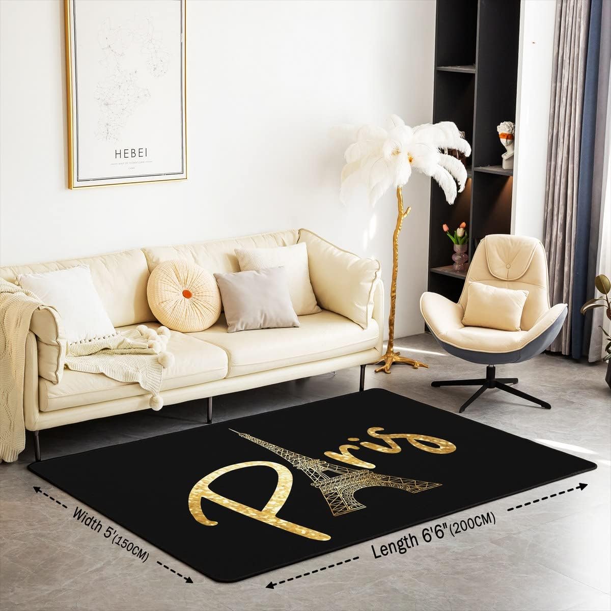 jejeloiu Alfombra de área de la Torre Eiffel, alfombra decorativa de París, diseño de viaje, alfombra de piso negro dorado para interiores, 5 x 7