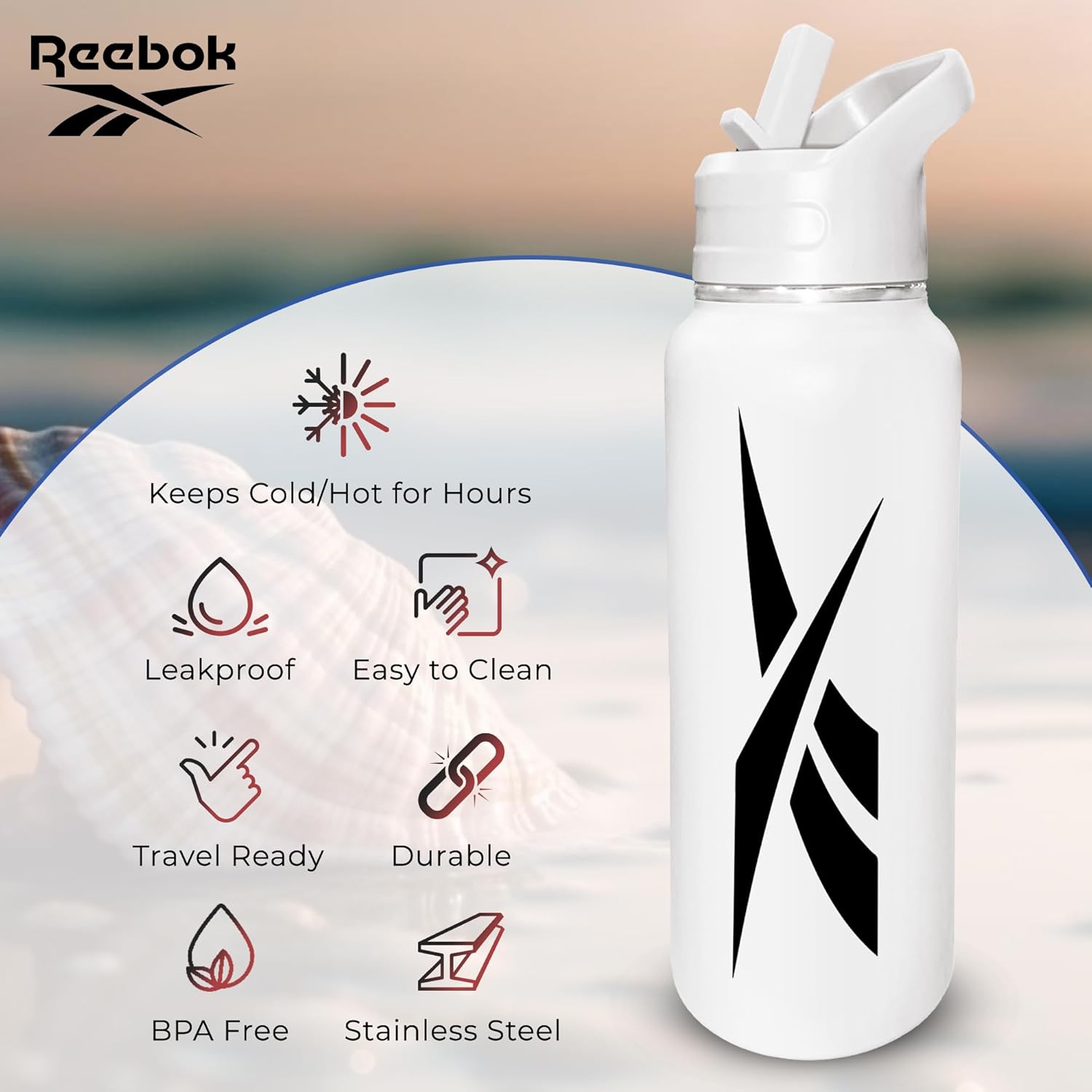 Reebok Botella de agua de acero inoxidable con tapa de popote y diseño atlético, 32 onzas, botella de agua deportiva aislada al vacío de doble pared