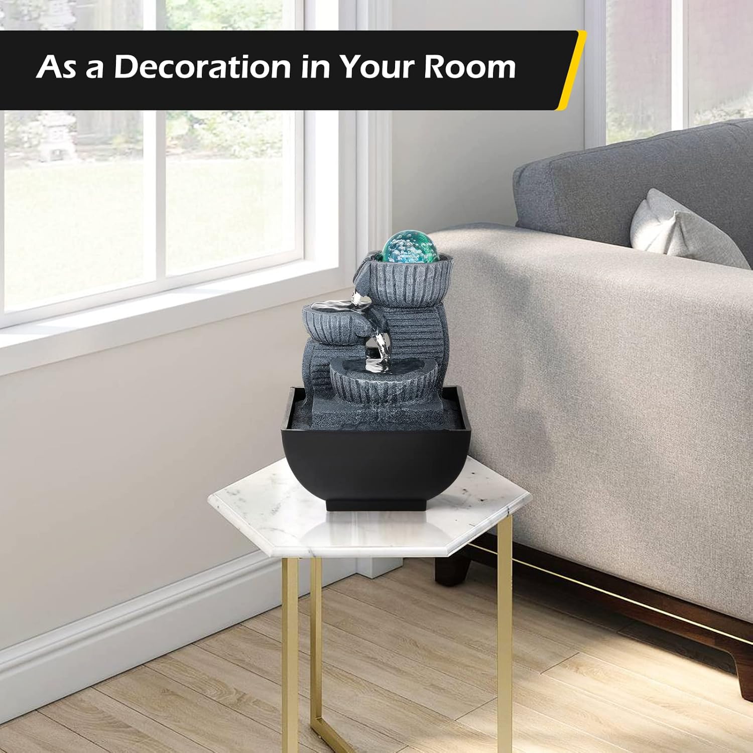 Dyna-Living Fuente de agua de mesa para interiores, fuente de agua de relajación Feng Shui, fuente de cascada con luces para decoración del hogar,