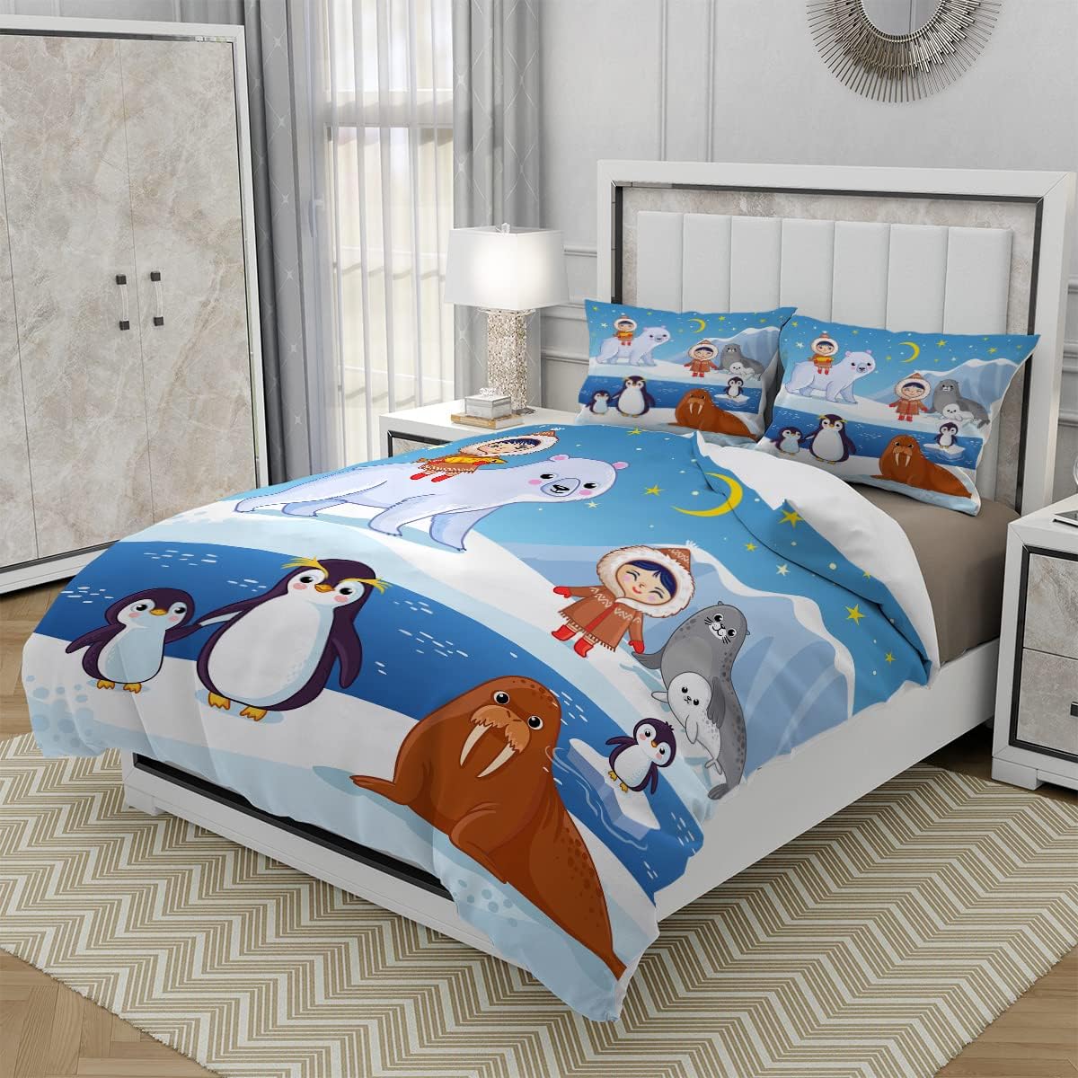Juego de funda de edredón de animales árticos, tamaño King, bonito diseño de pingüino y oso polar, funda de edredón para dormitorio de adolescentes,