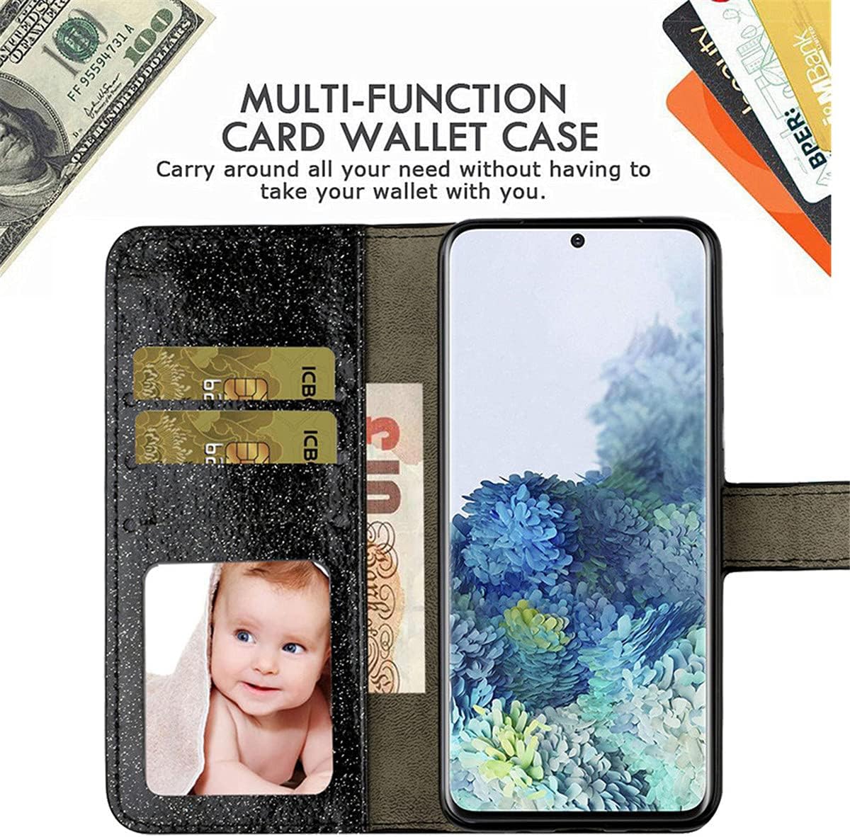 XYX Funda tipo cartera para Samsung Galaxy A32 5G, Bling Glitter Crown Butterfly Diamond Flip Card Slot Luxury Girl Women Phone Cover – Negro