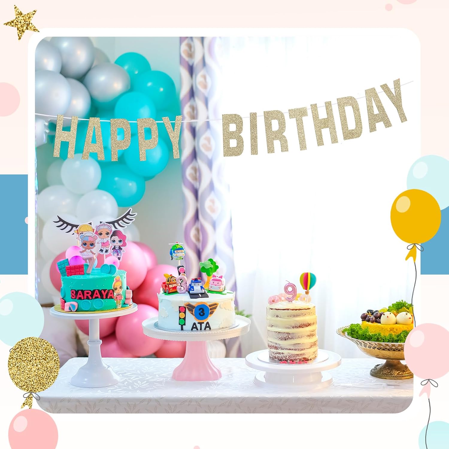 Kit de 78 piezas de pancartas con purpurina de 6 pulgadas, con cinta blanca para cumpleaños, boda, ducha, fiesta, boda, decoración de pared (dorado
