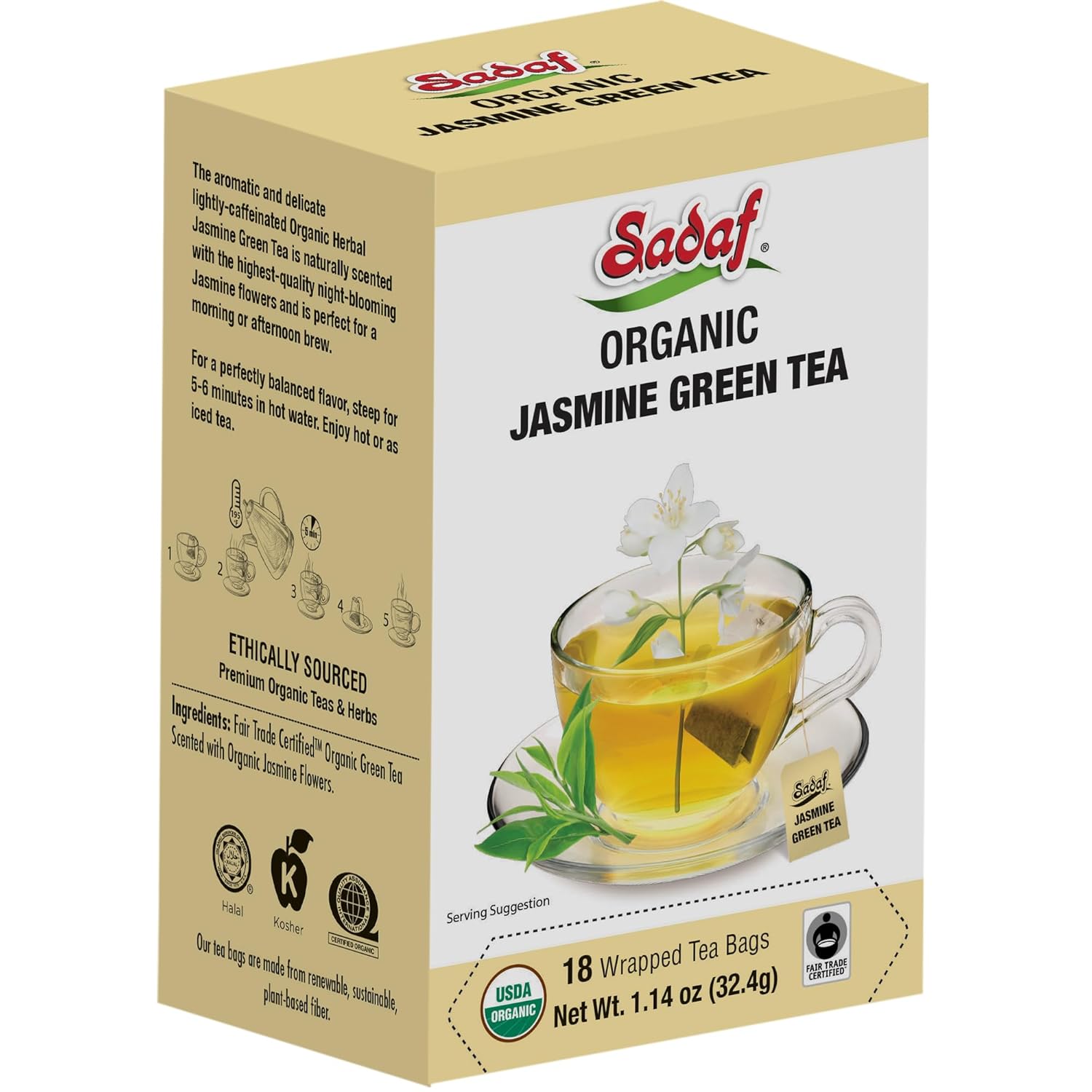 Sadaf Té verde de jazmín orgánico – Bolsas de té de jazmín – Té de flores de jazmín – Halal – Kosher – 18 bolsas de té envueltas