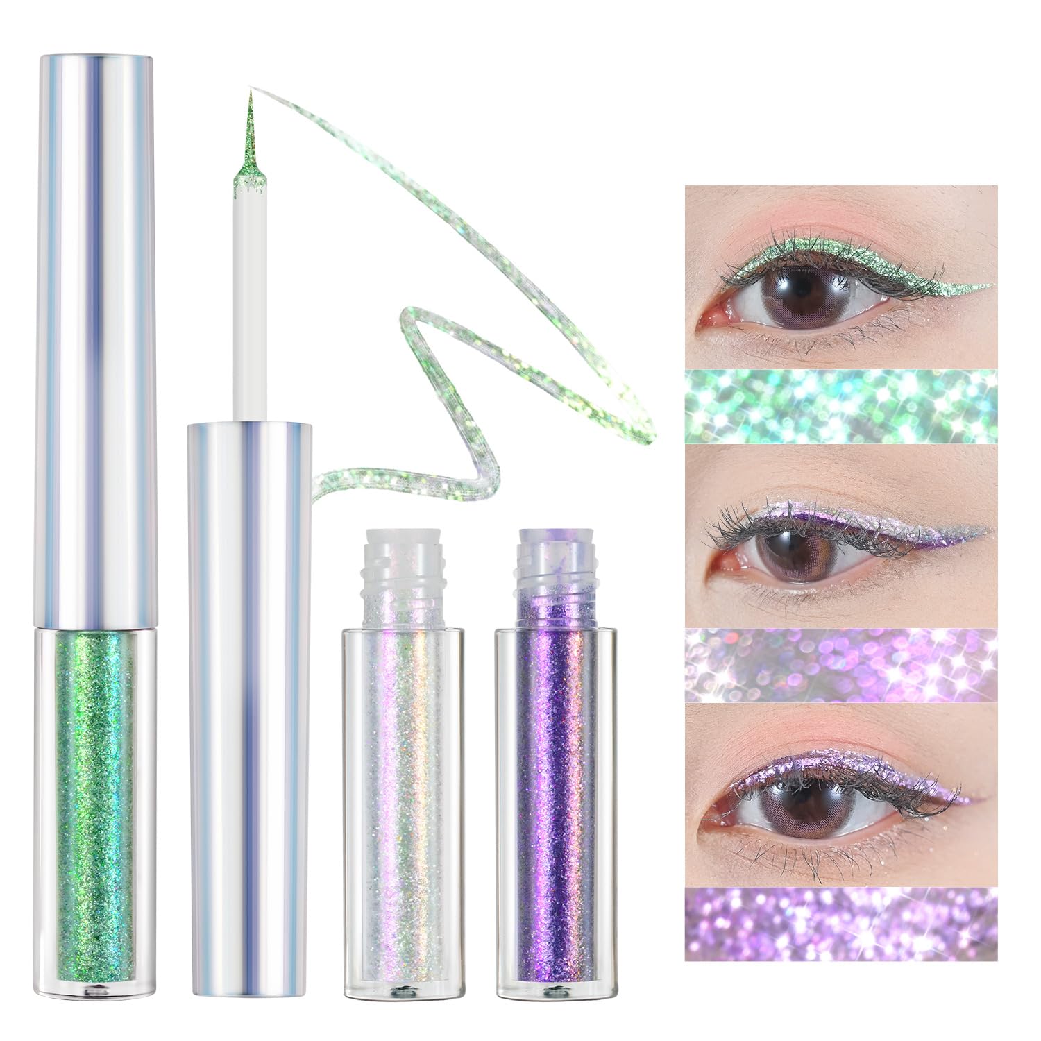 Juego de delineador de ojos con purpurina líquida de 3 colores, sombra de ojos con purpurina metálica, secado rápido, fácil de aplicar, delineador