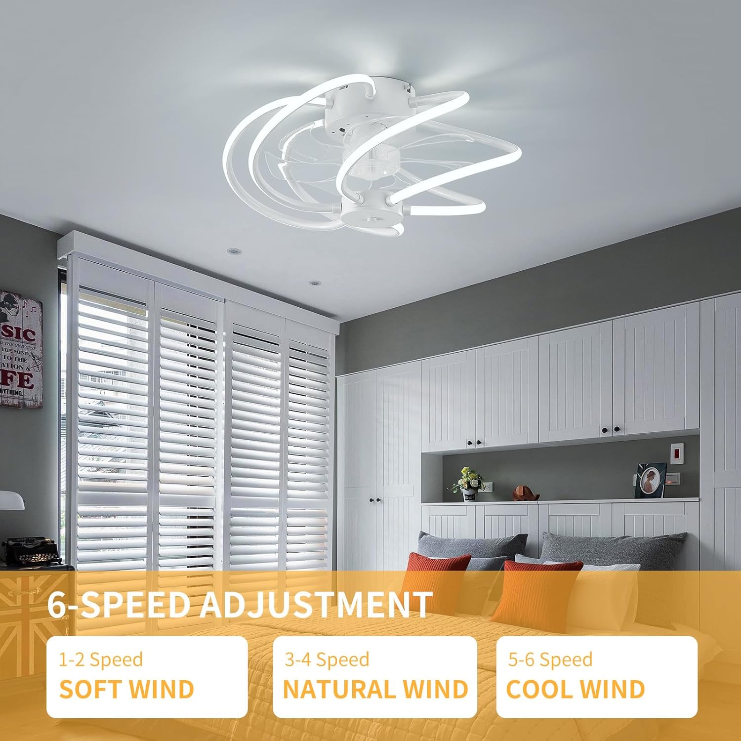 Moderno ventilador de techo remoto inteligente para dormitorio de 19.7 pulgadas con luz LED, lámpara de montaje empotrado de perfil bajo con